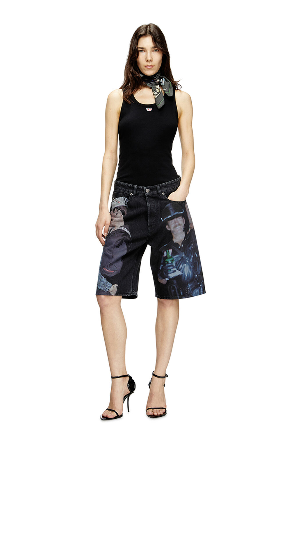 Denim shorts with multicolour print