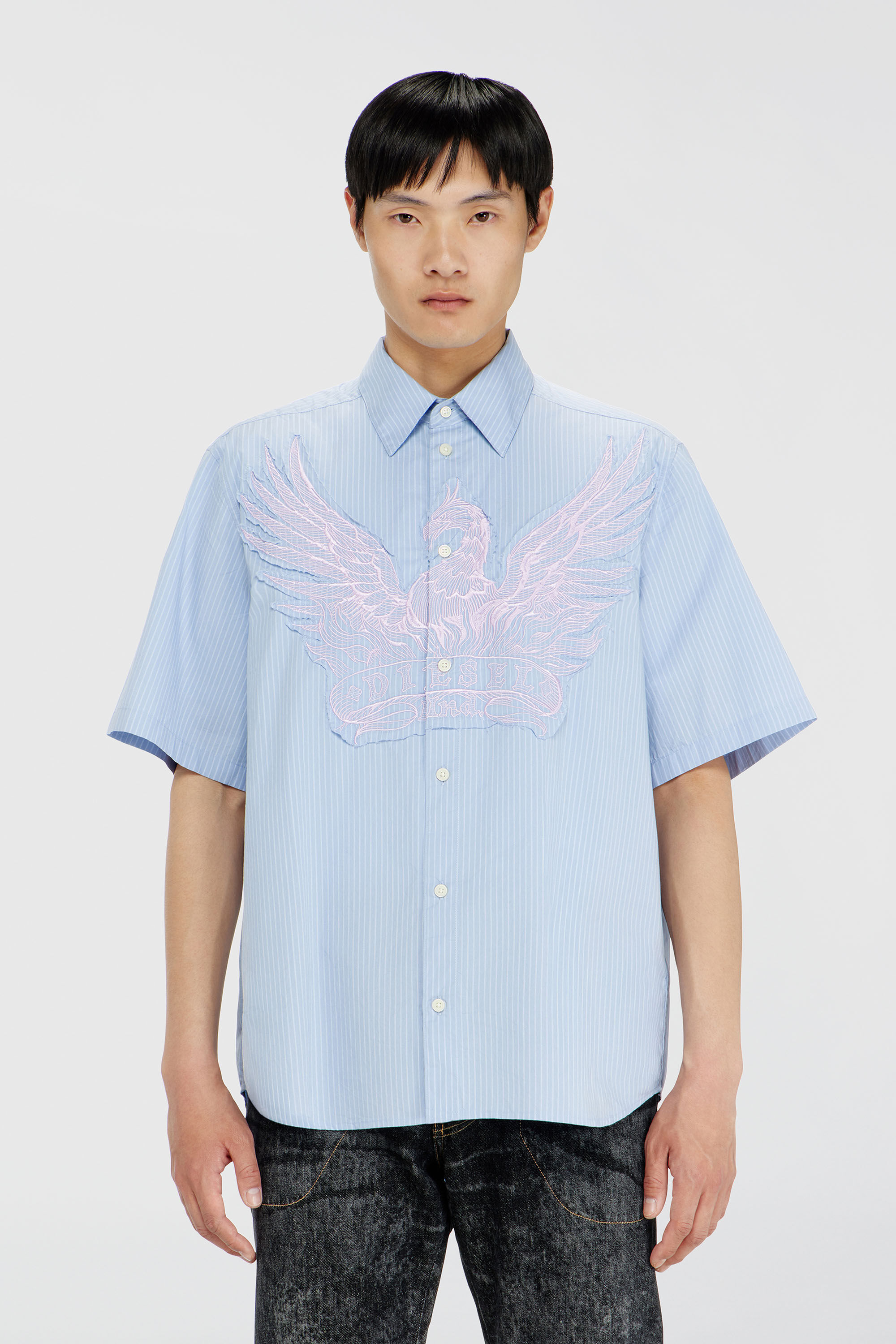 Diesel - S-SIMPLY-SS-AGCZ, Man's Striped poplin shirt with embroidered patch in Light Blue - 3