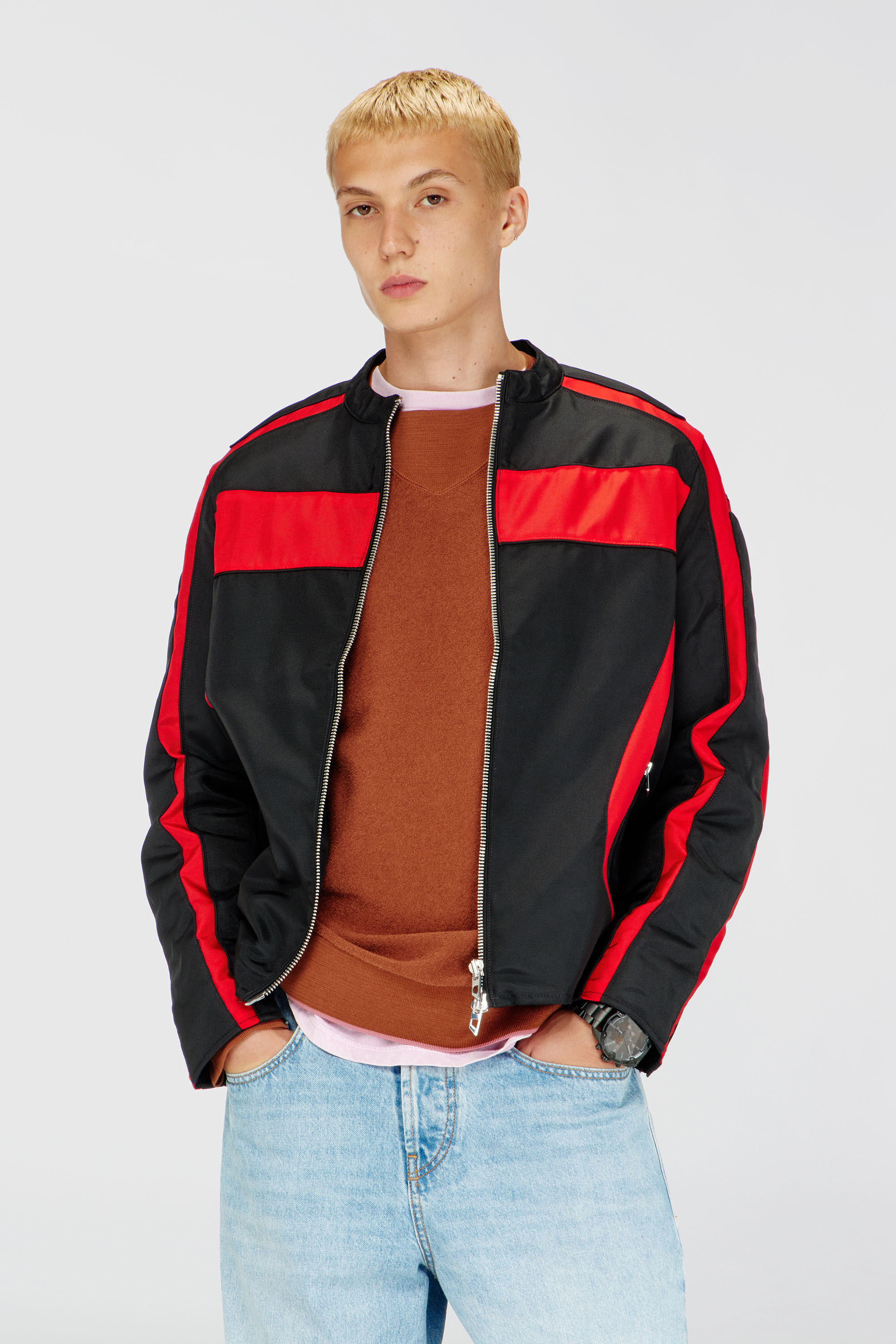 Diesel - J-ADAM-PDAI, Man's Biker jacket in colour-block canvas in Black/Red - 3