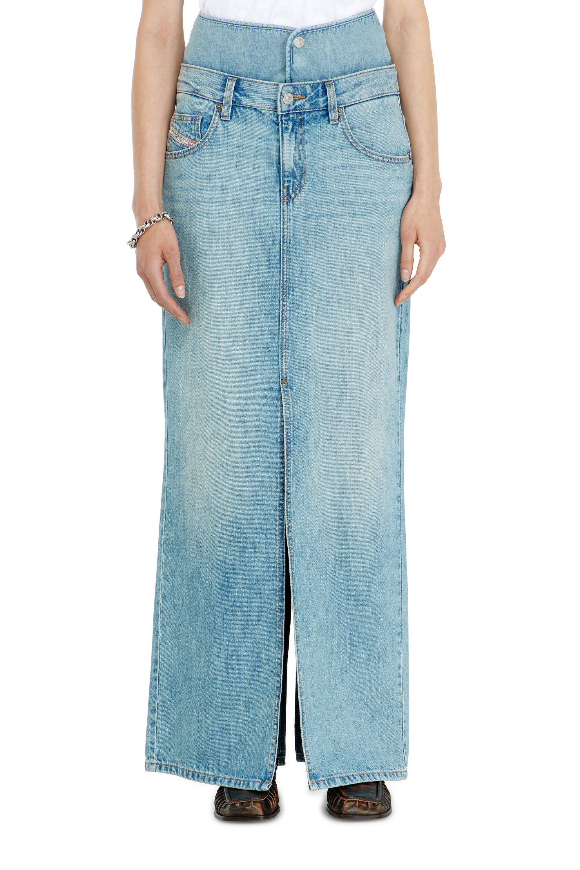 Diesel - DE-SPIVEY, Woman's Jean-illusion denim maxi skirt with slits in Light Blue - 3