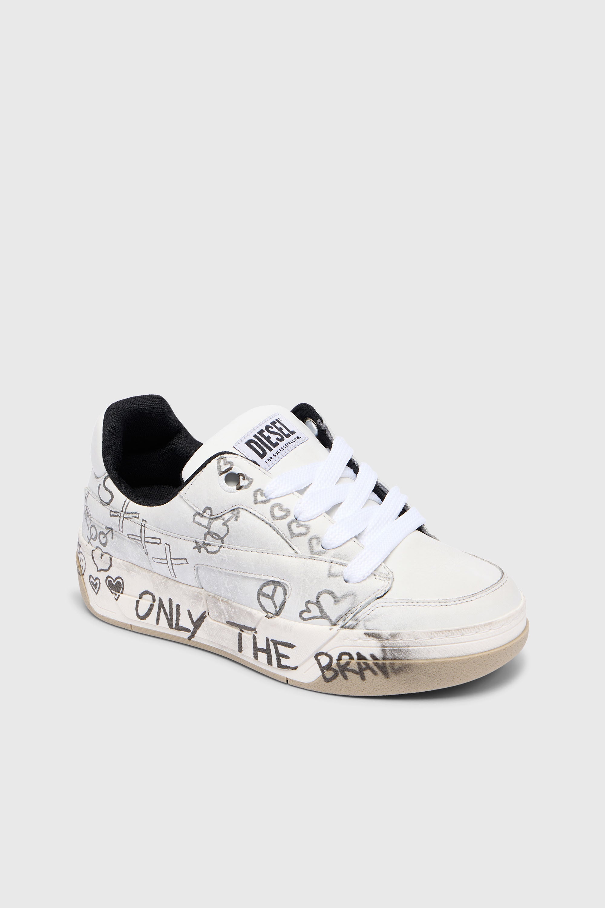 Diesel - S-D-OLLIE LOW, Man's D-Ollie-Leather sneakers with graffiti print in White - 4