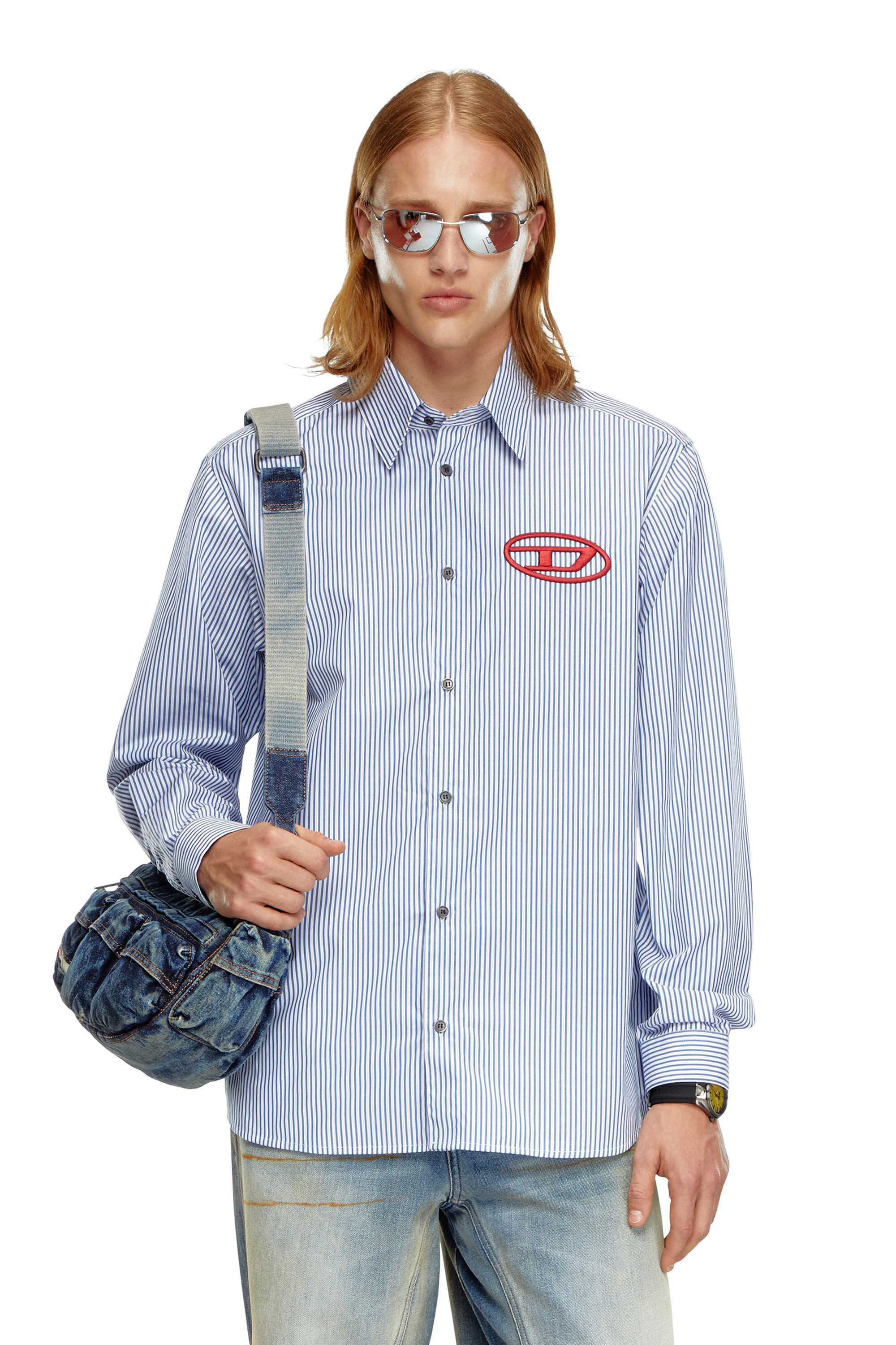 Diesel - S-SIMPLY-E, Man Striped shirt with Oval D embroidery in Blue - Image 3