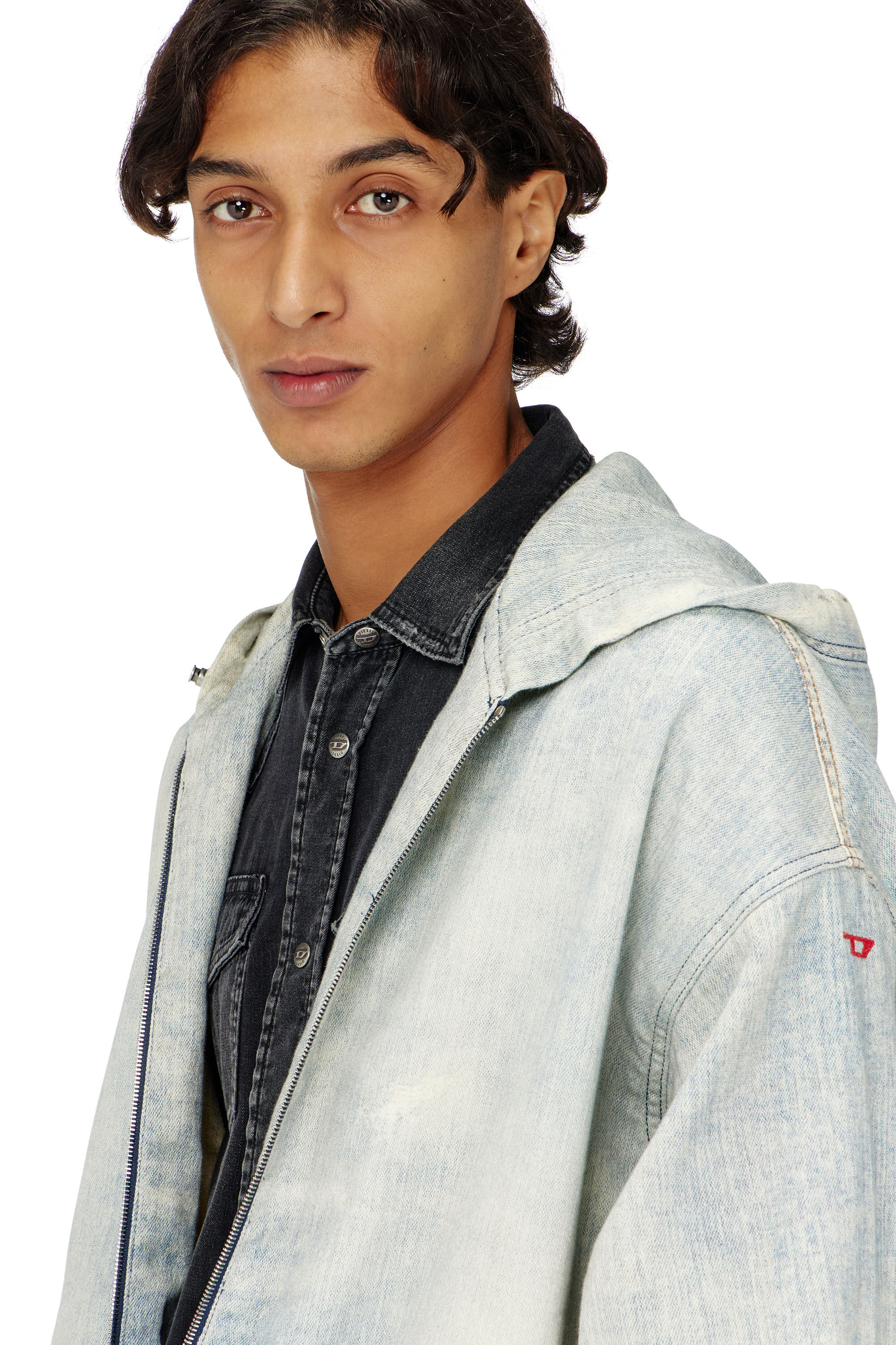 Diesel - D-WYNNY JOGG, Man's Hooded JoggJeans jacket with trompe l&rsquo;oeil in Light Blue - 5