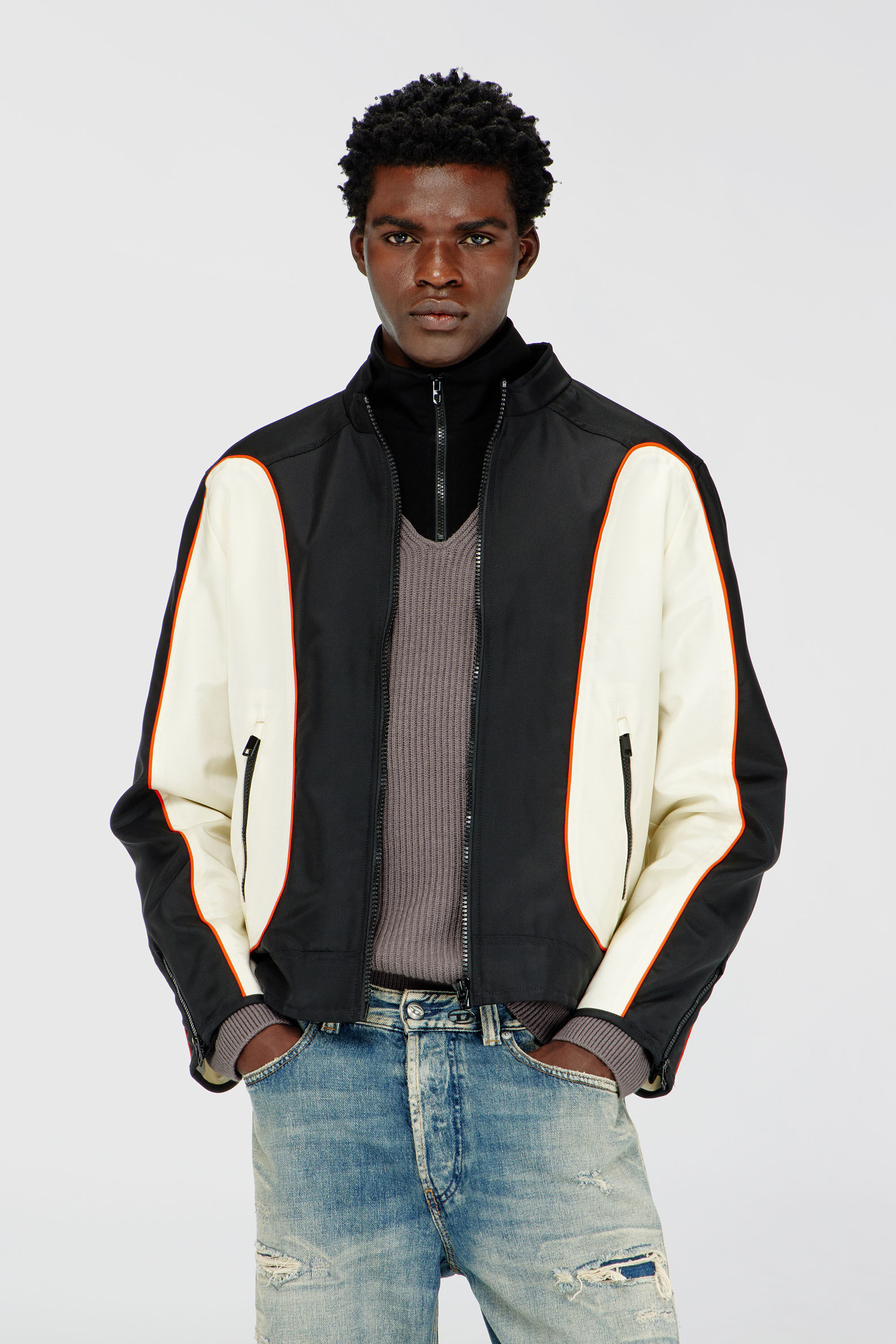 Diesel - J-BLINK-WRD, Man's Nylon jacket with color block and piping details in Black/White - 3
