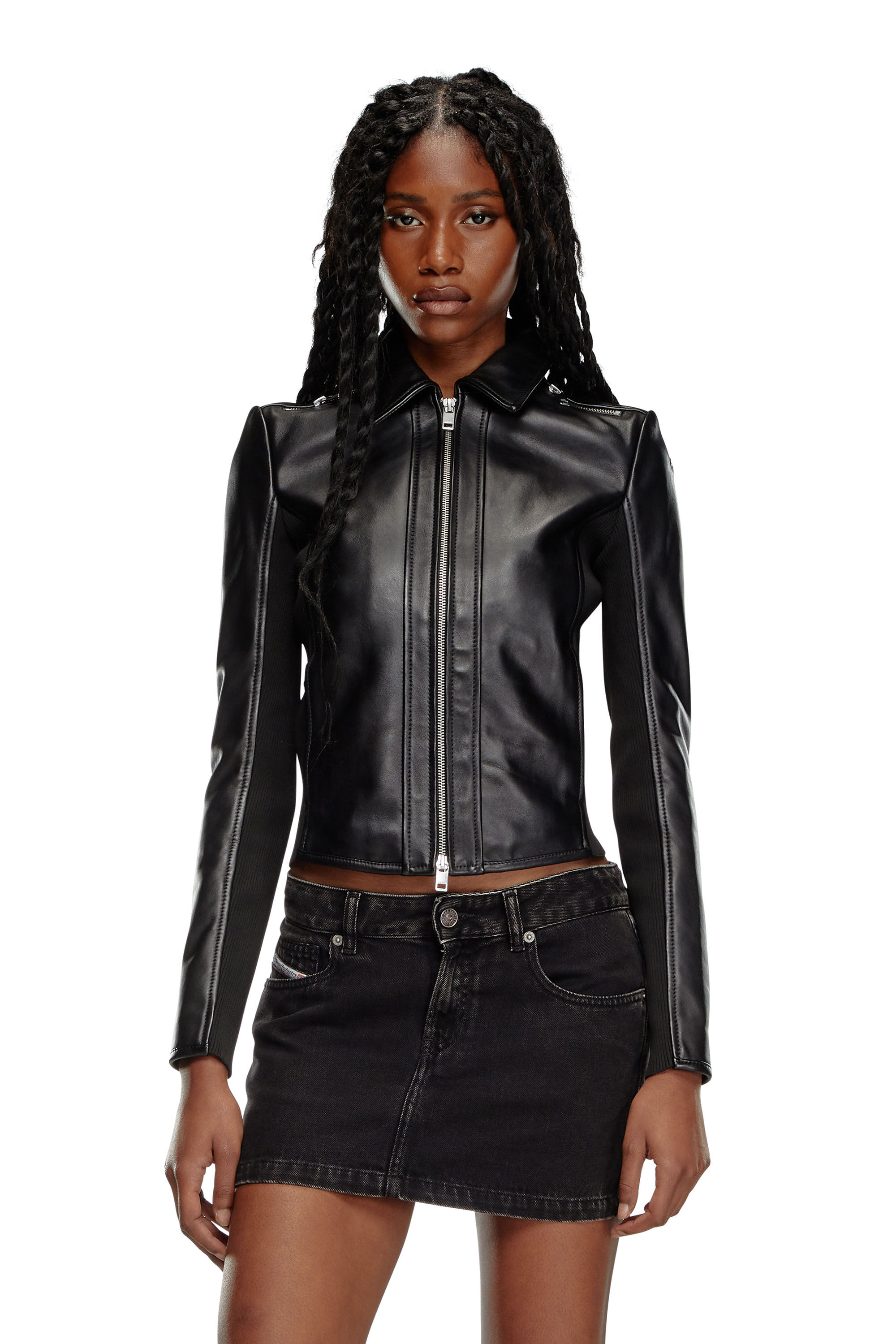 Women's Leather biker jacket with rib panels | Black | Diesel Women's Leather biker jacket with rib panels | Black | Diesel