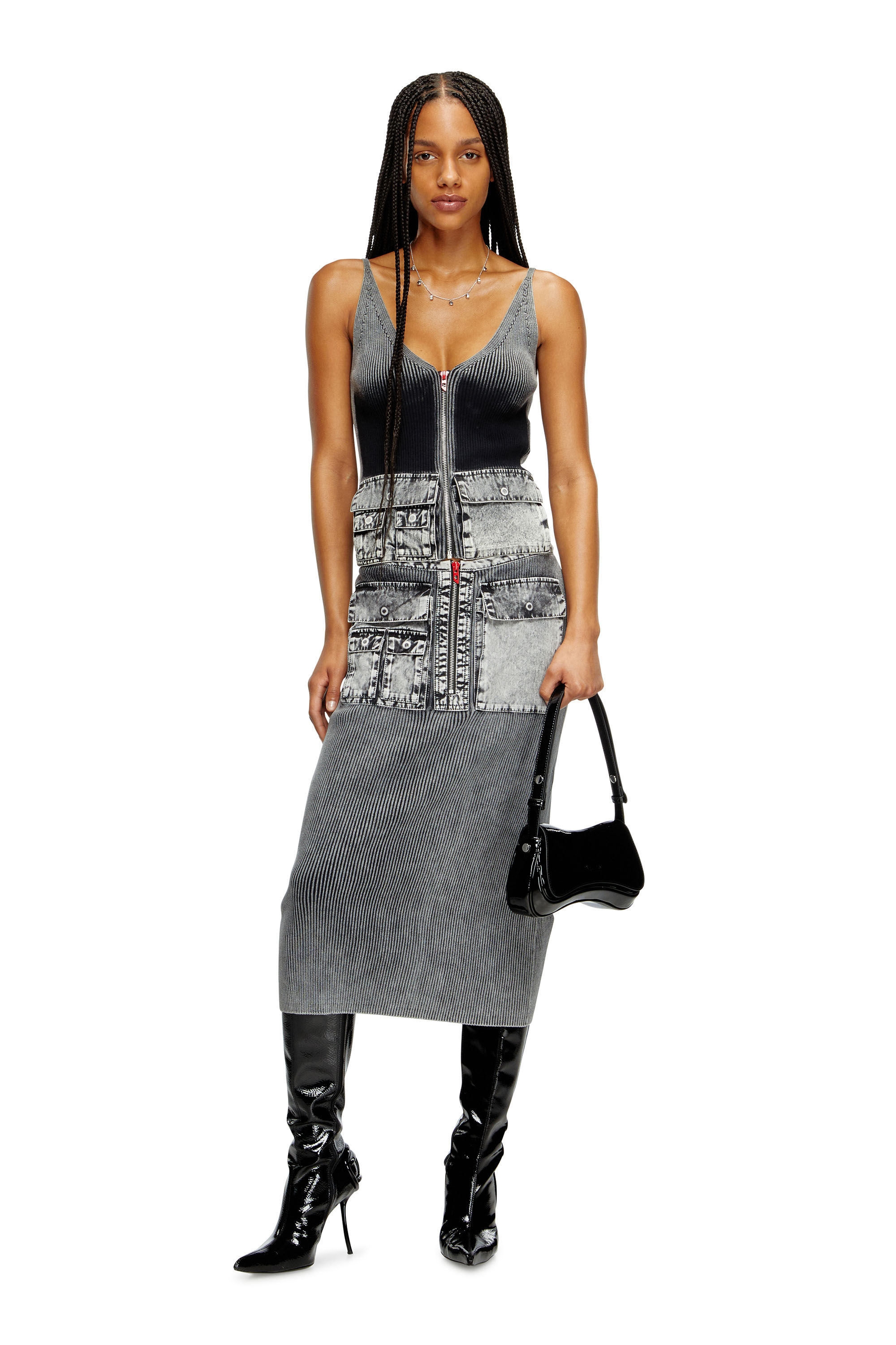 Women's Knit tank top with denim cargo pockets | Grey | Diesel