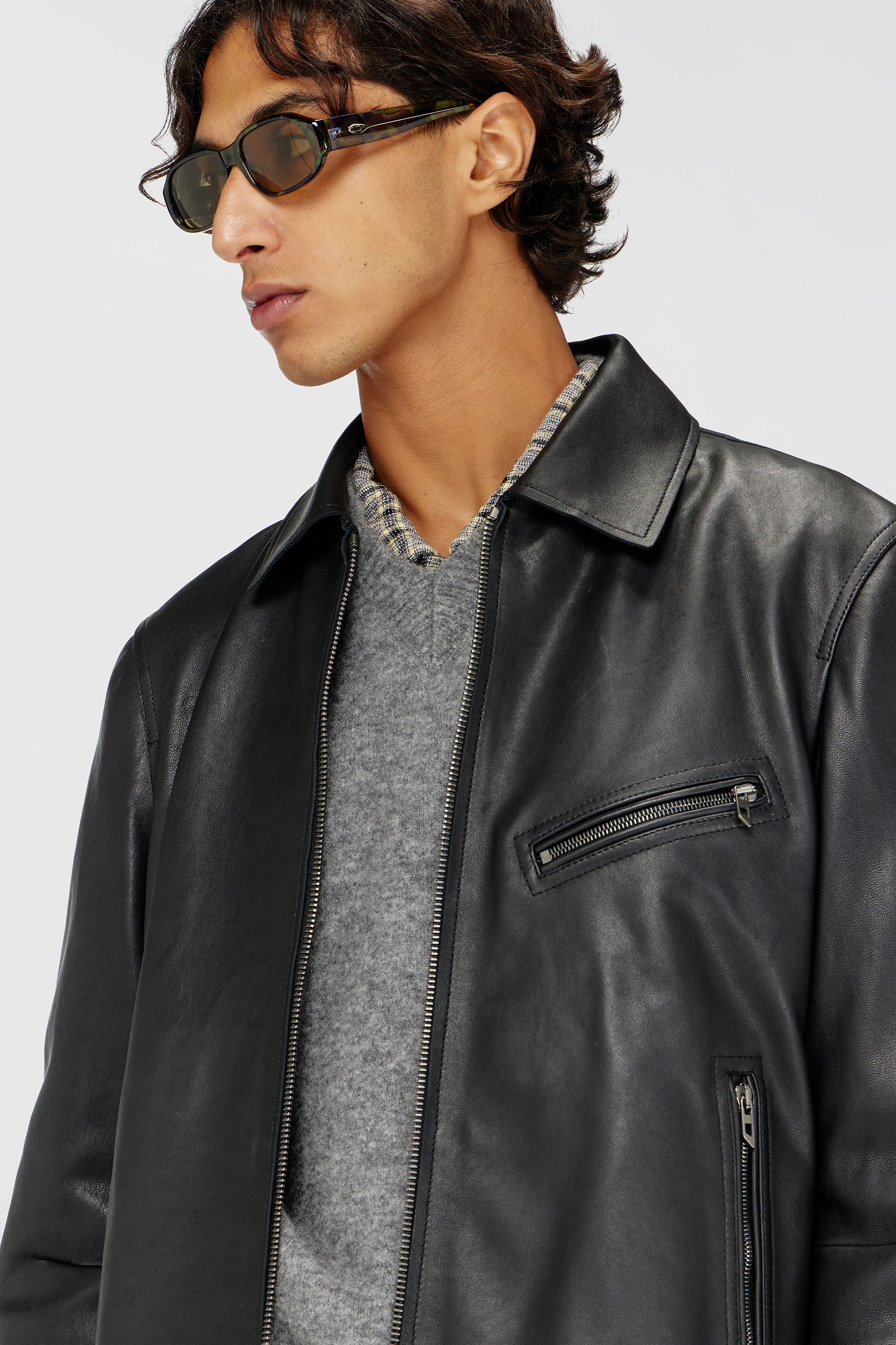 Diesel - L-KORN-A, Man's Leather jacket with embossed Oval D in Black - 5