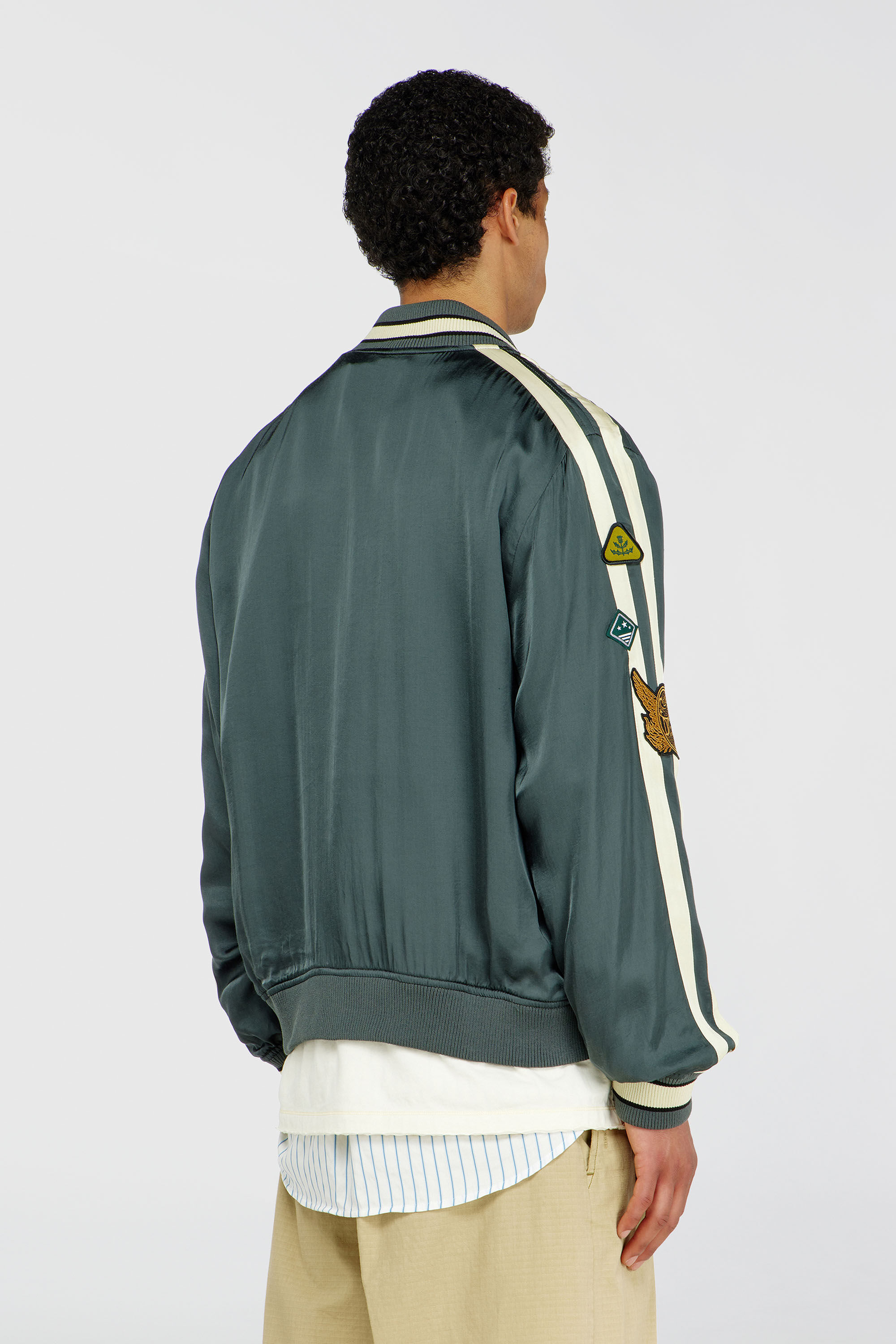 Diesel - J-ANNU, Man's Satin bomber jacket with patches in Dark Green - 4