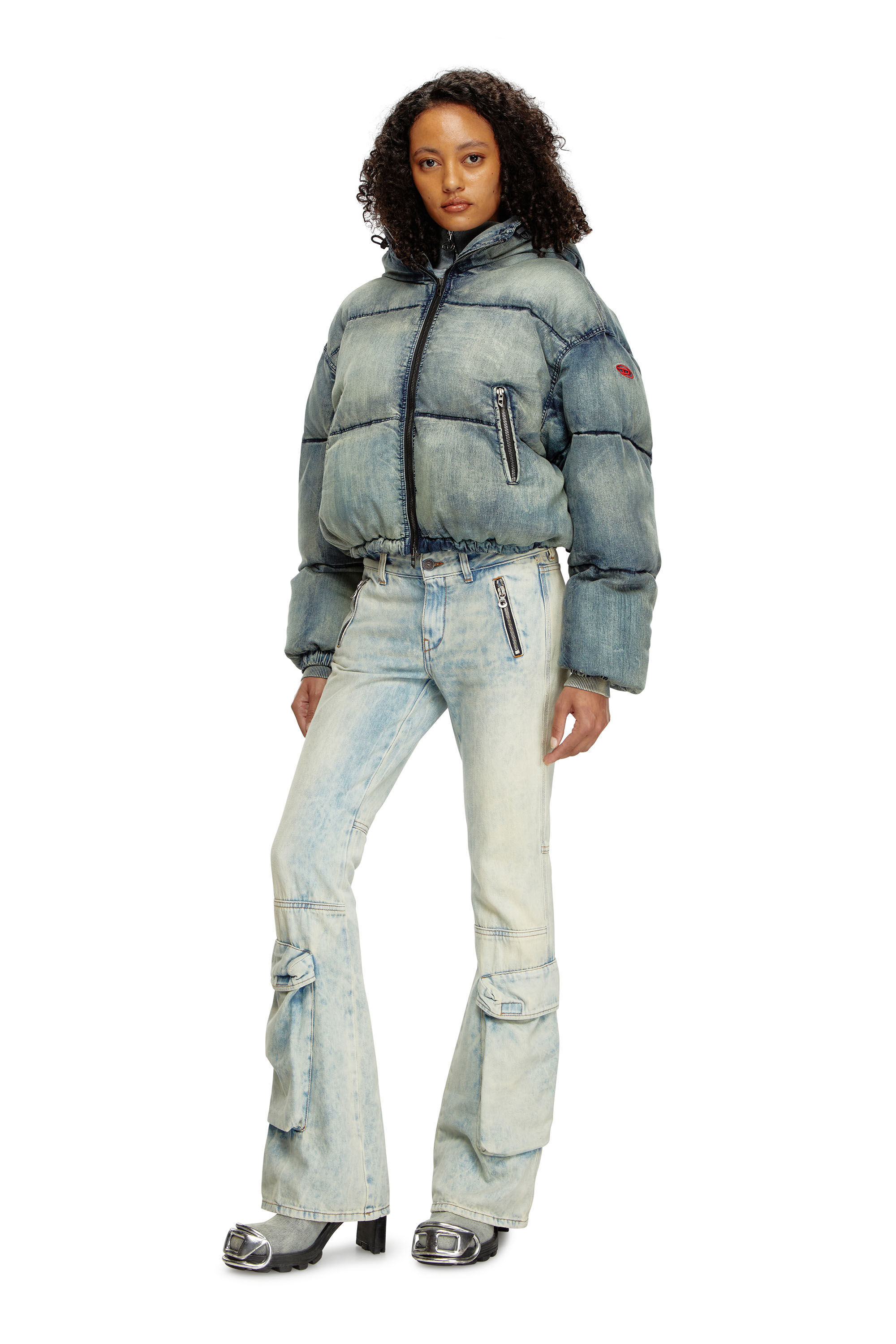 Women s Cropped hooded puffer jacket in denim Blue Diesel