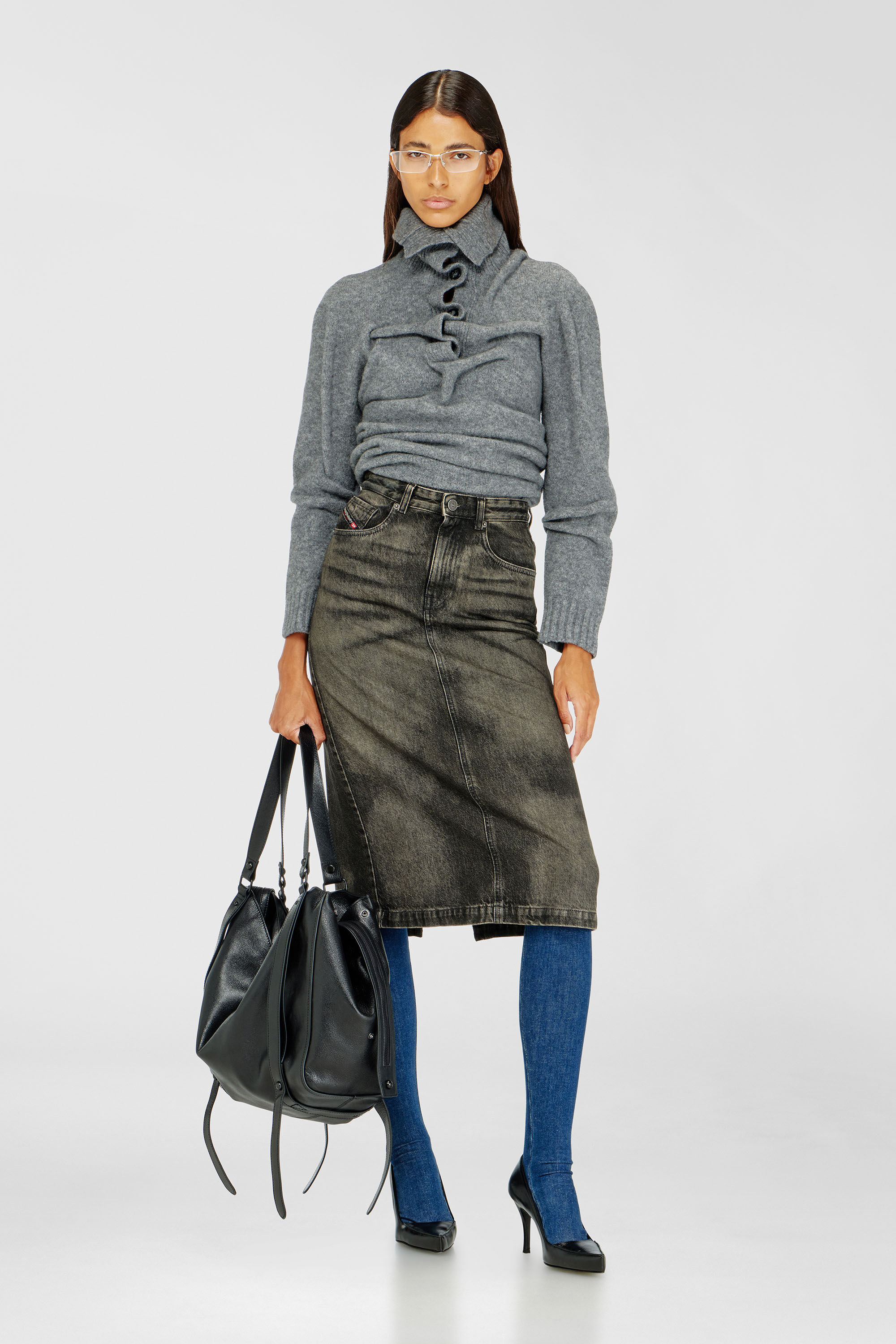 Diesel - DE-PENDY-FSJ, Woman's Pencil skirt in dirty-effect denim in Black/Dark grey - 1