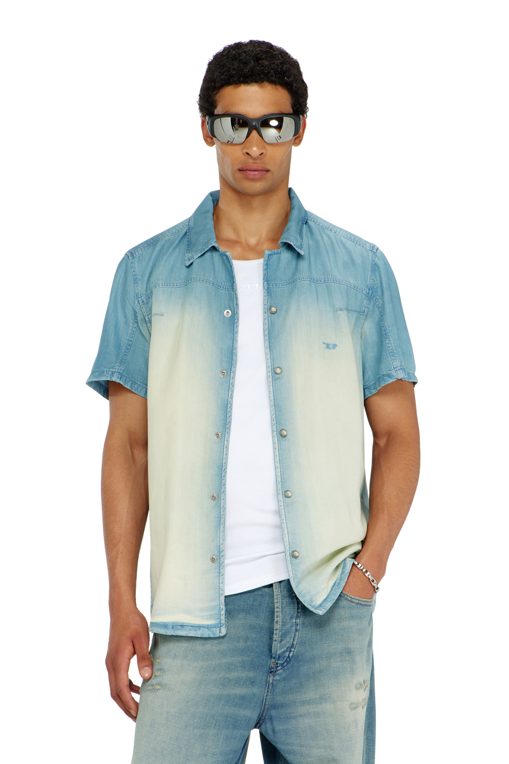 Men's Short-sleeve shirt in fluid overdyed denim | Blue | Diesel