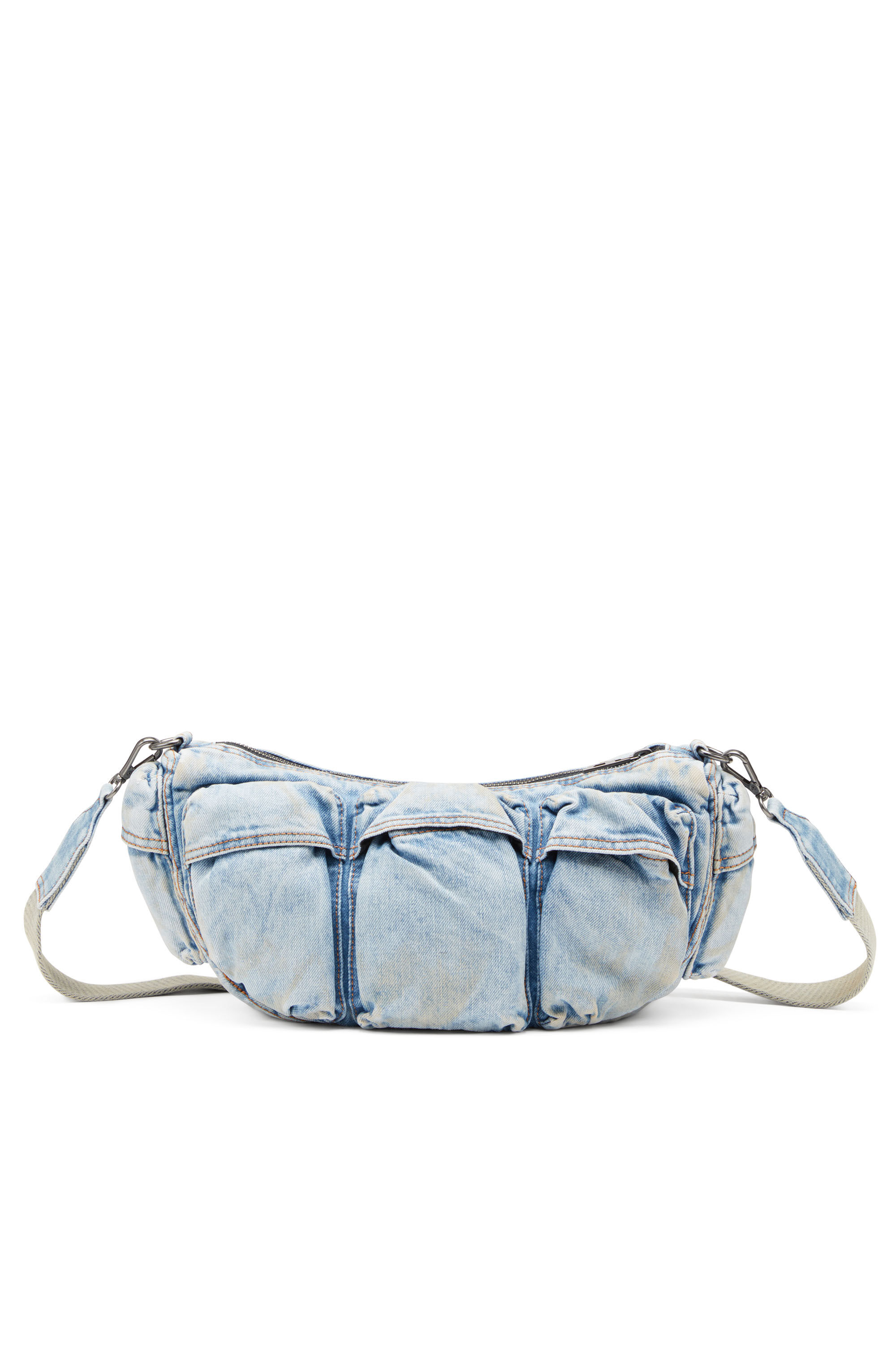 Diesel - RE-EDITION TRAVEL 3000 SHOULDER BAG X, Unisex's Travel 3000-Multipocket bag in treated denim in Light Blue - 3