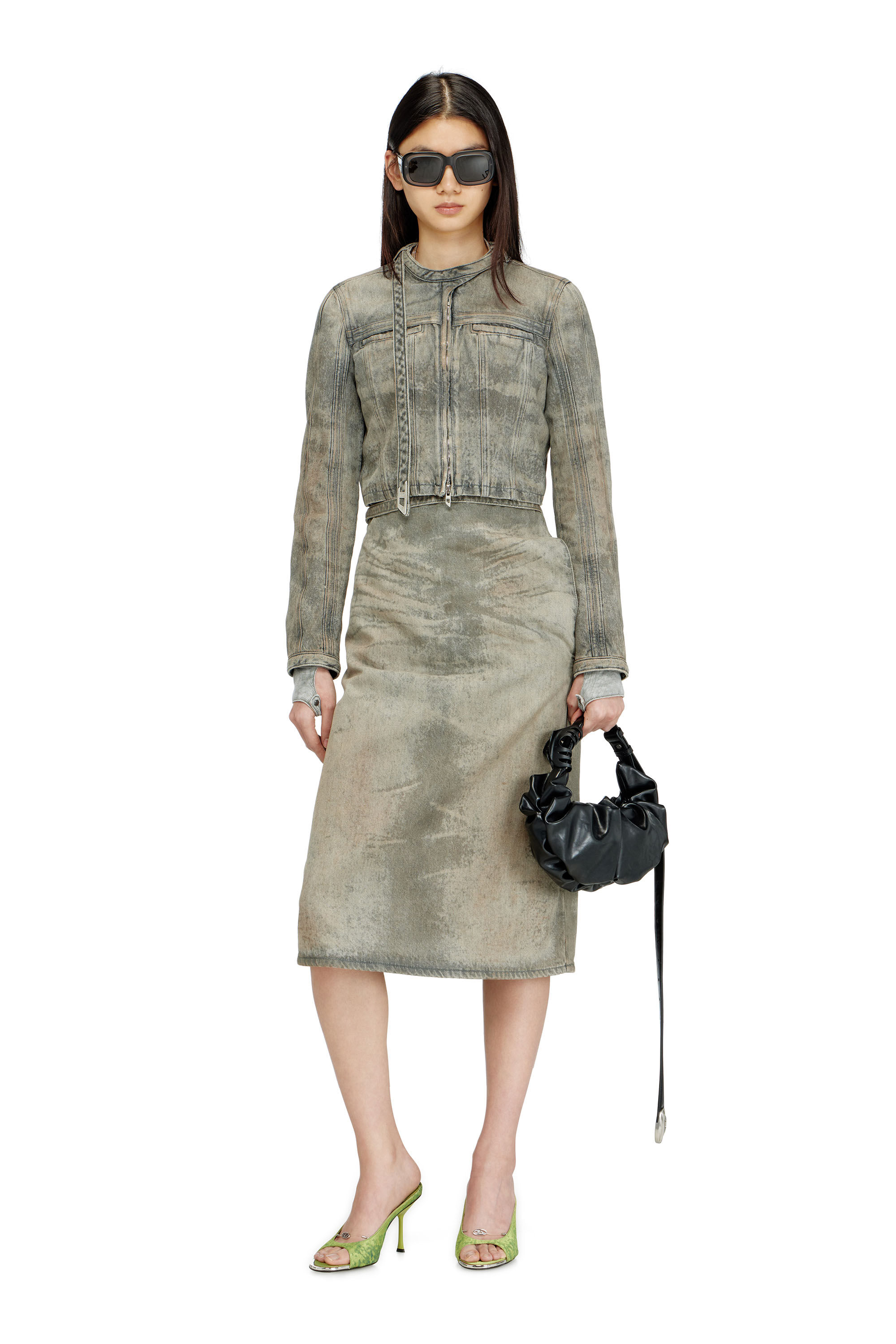 Diesel - DE-MORIKA-FSI, Woman's Midi skirt in cotton-hemp satin denim in Grey - 1