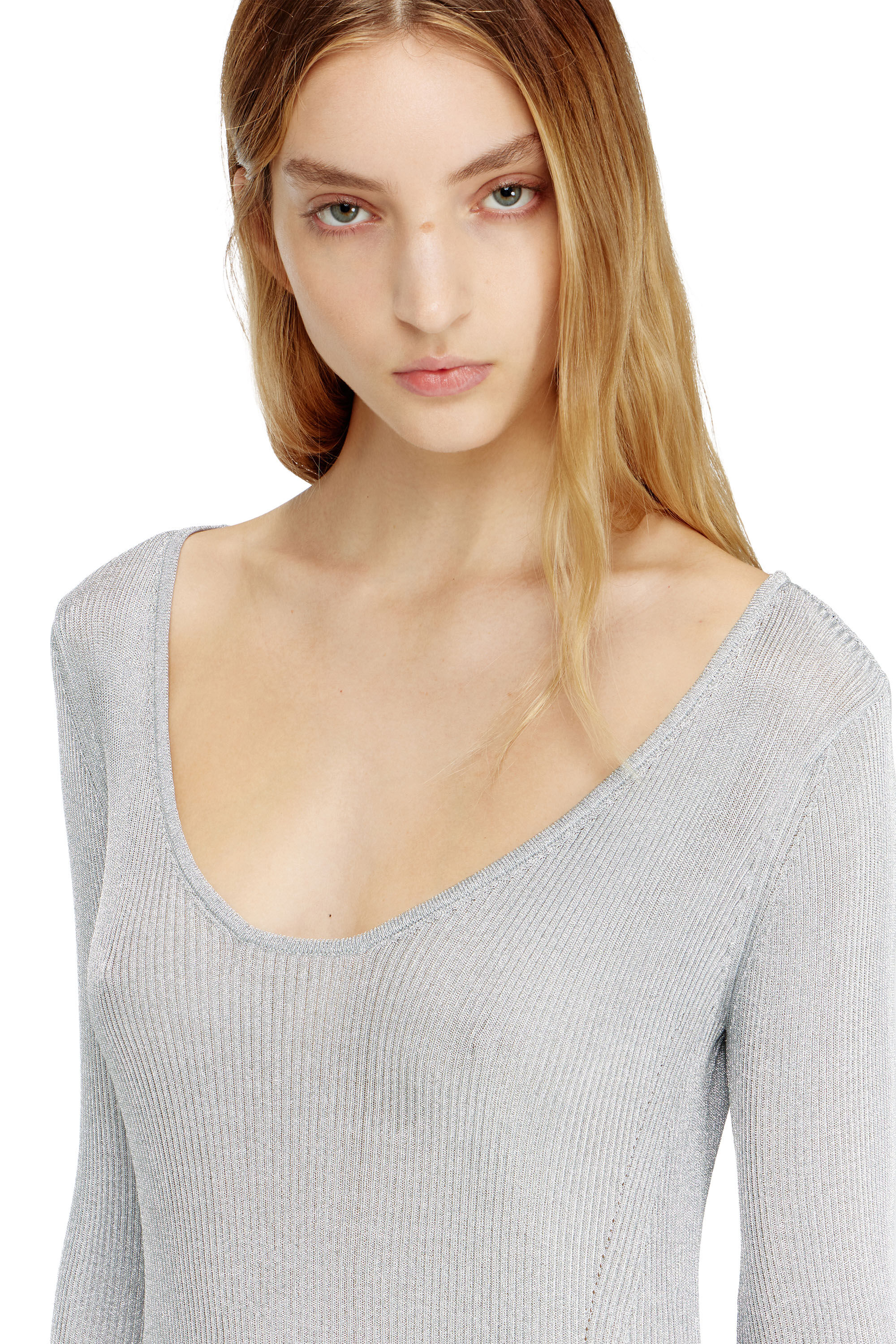 Diesel - M-DALILA, Woman's Short dress in metallic ribbed knit in Light Grey - 5