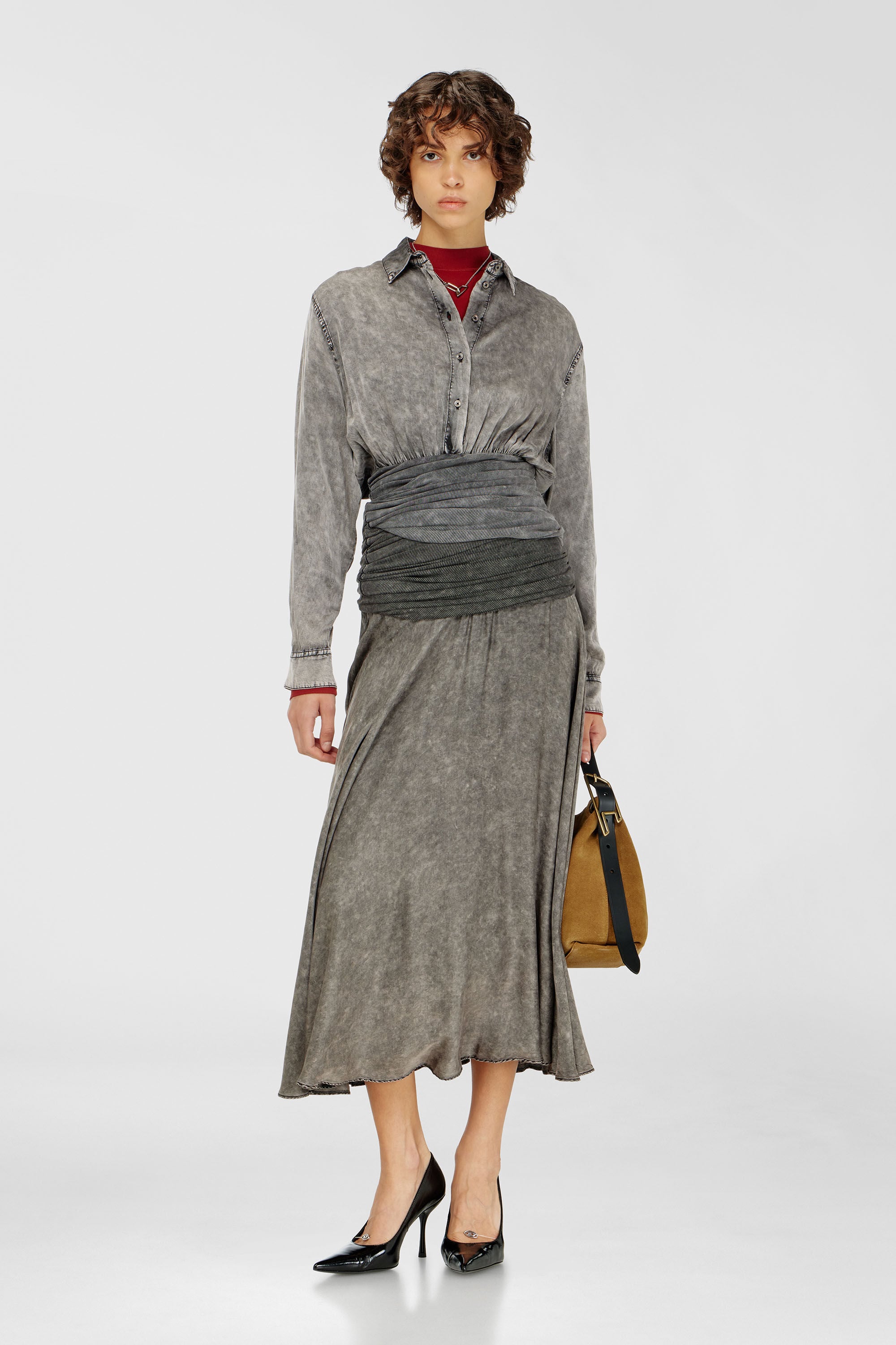 Diesel - C-ASSIA-B1, Woman's Satin shirt with twisted waist section in Dark grey - 1