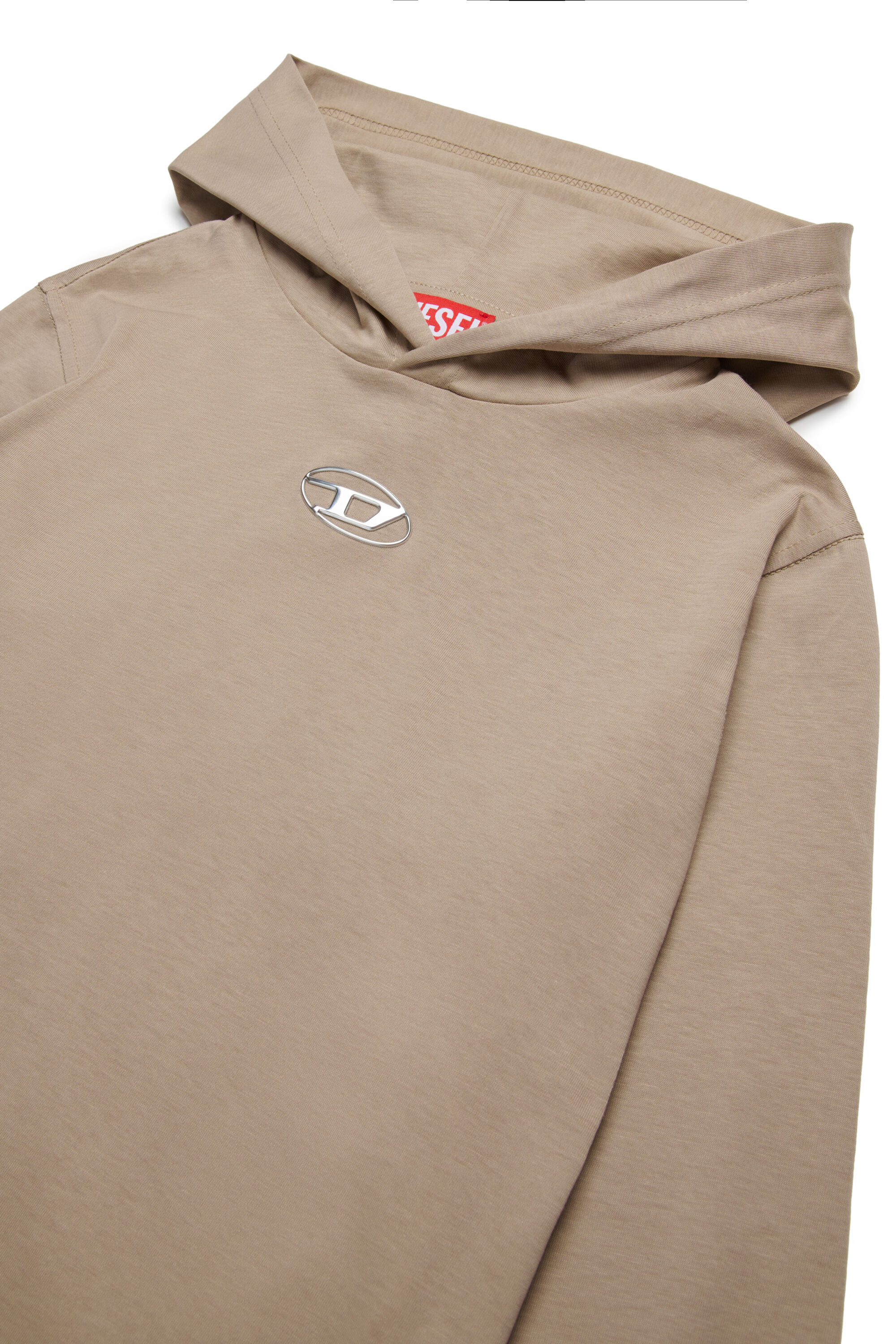 Diesel - TNICK OVER, Man's Hooded T-shirt  with metal-look Oval D logo in Light Brown - 3