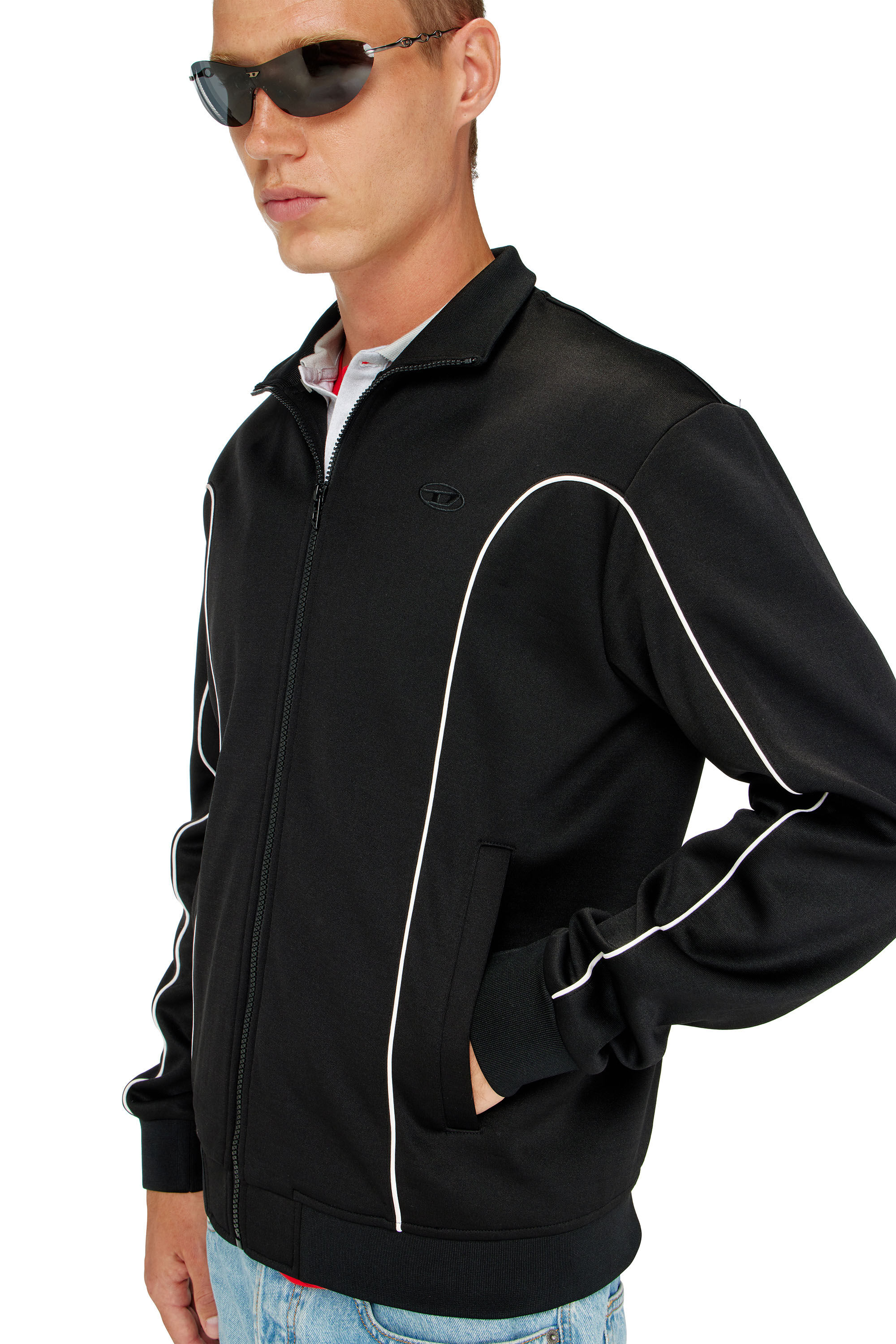 Diesel - S-LOCKING-DO, Man's Sweat fabric track jacket with contrast piping in Black - 5