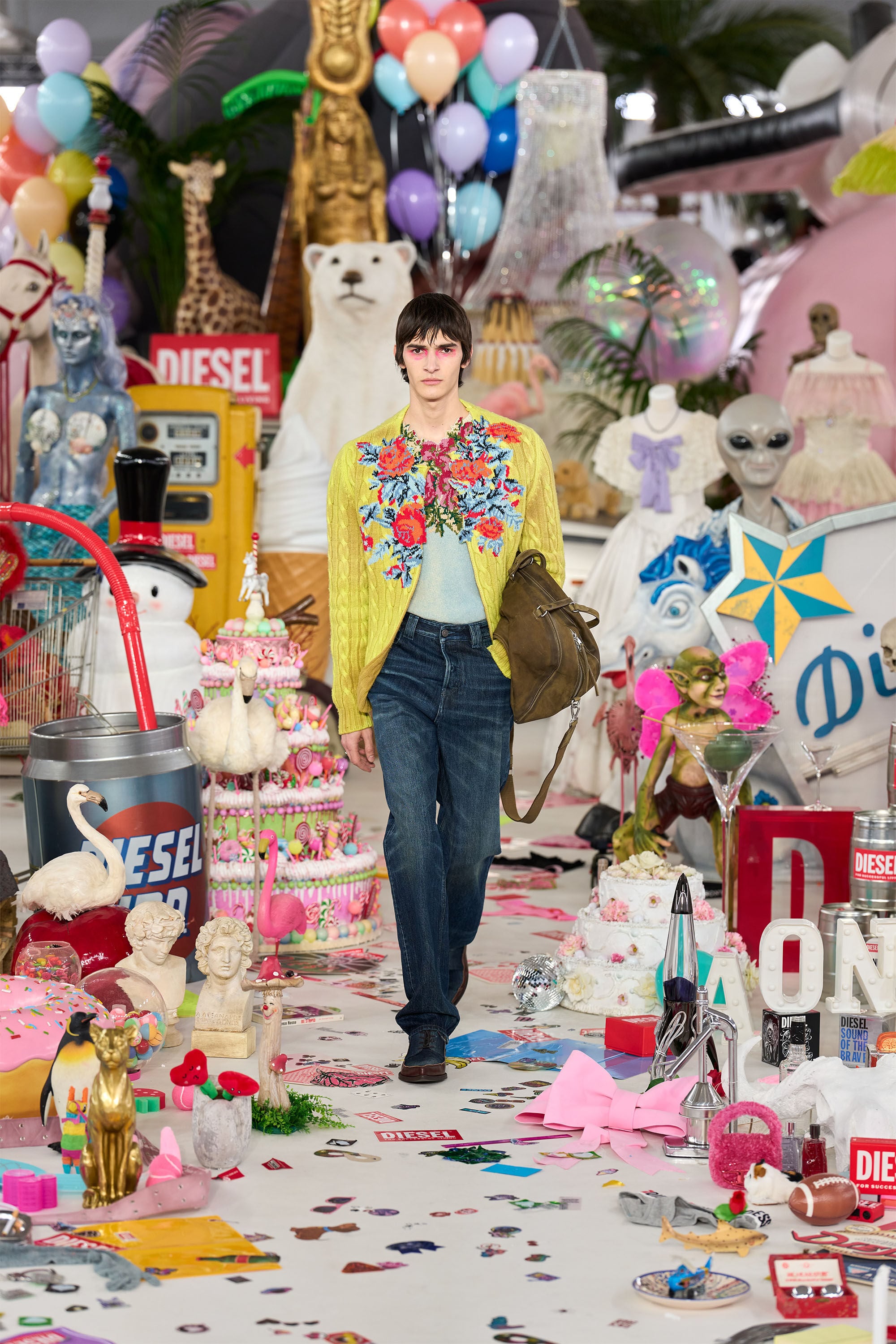 Diesel - K-RINO, Man's Open-front cardigan in floral cable knit in Yellow Fluo - 6
