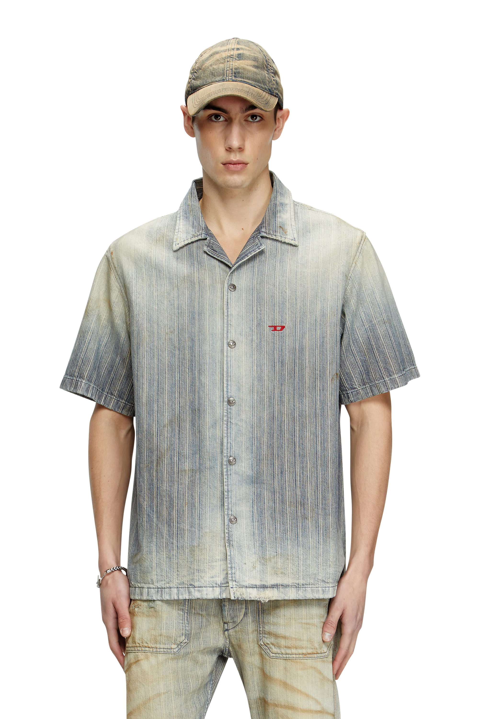 Diesel - D-NABIL-D, Man's Bowling shirt in striped indigo denim in Medium blue - 3