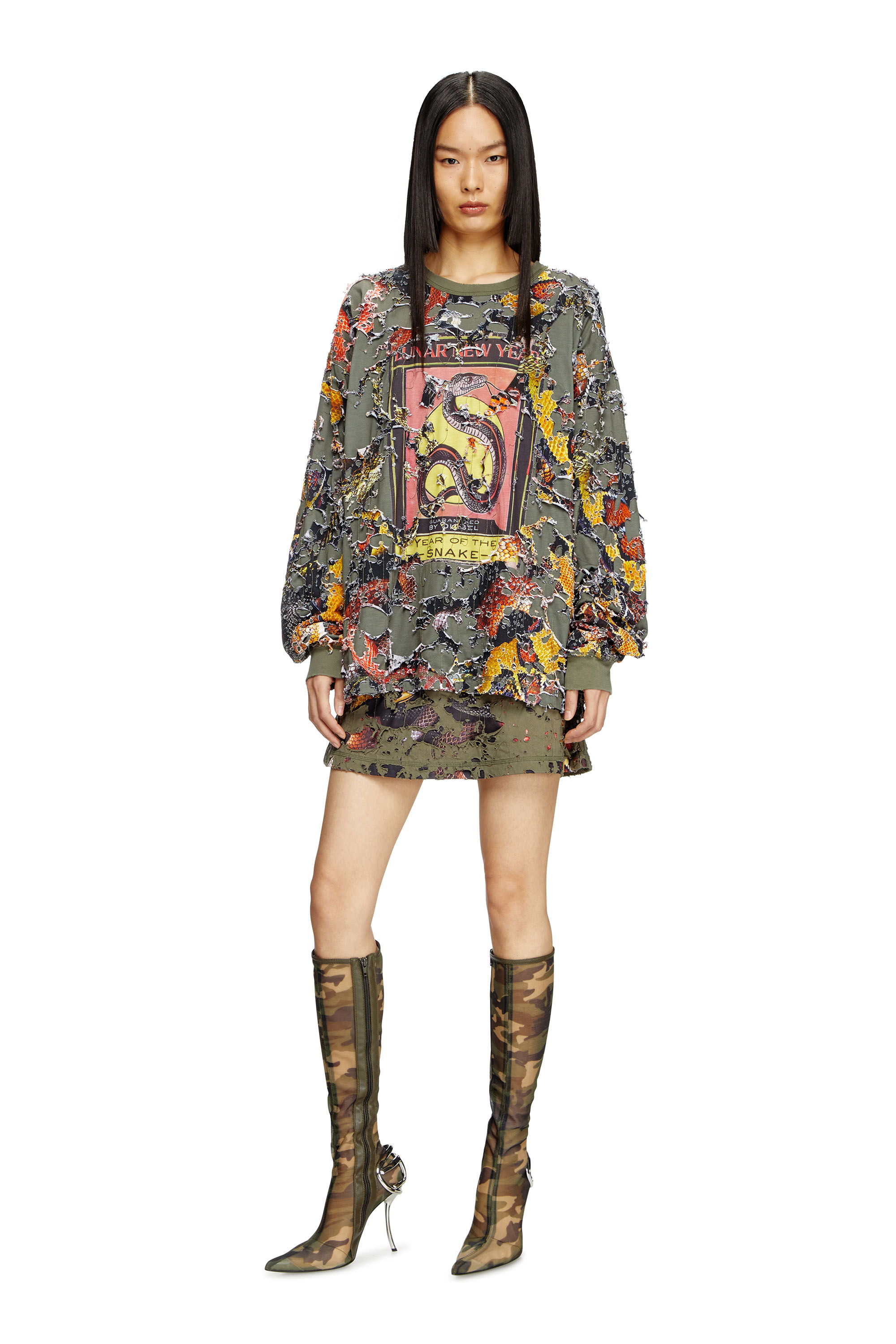 Diesel - CL-T-BOXT-LS-DEVOR-SNAKE, Unisex's Destroyed snake-print long-sleeve T-shirt in Olive Green - 6