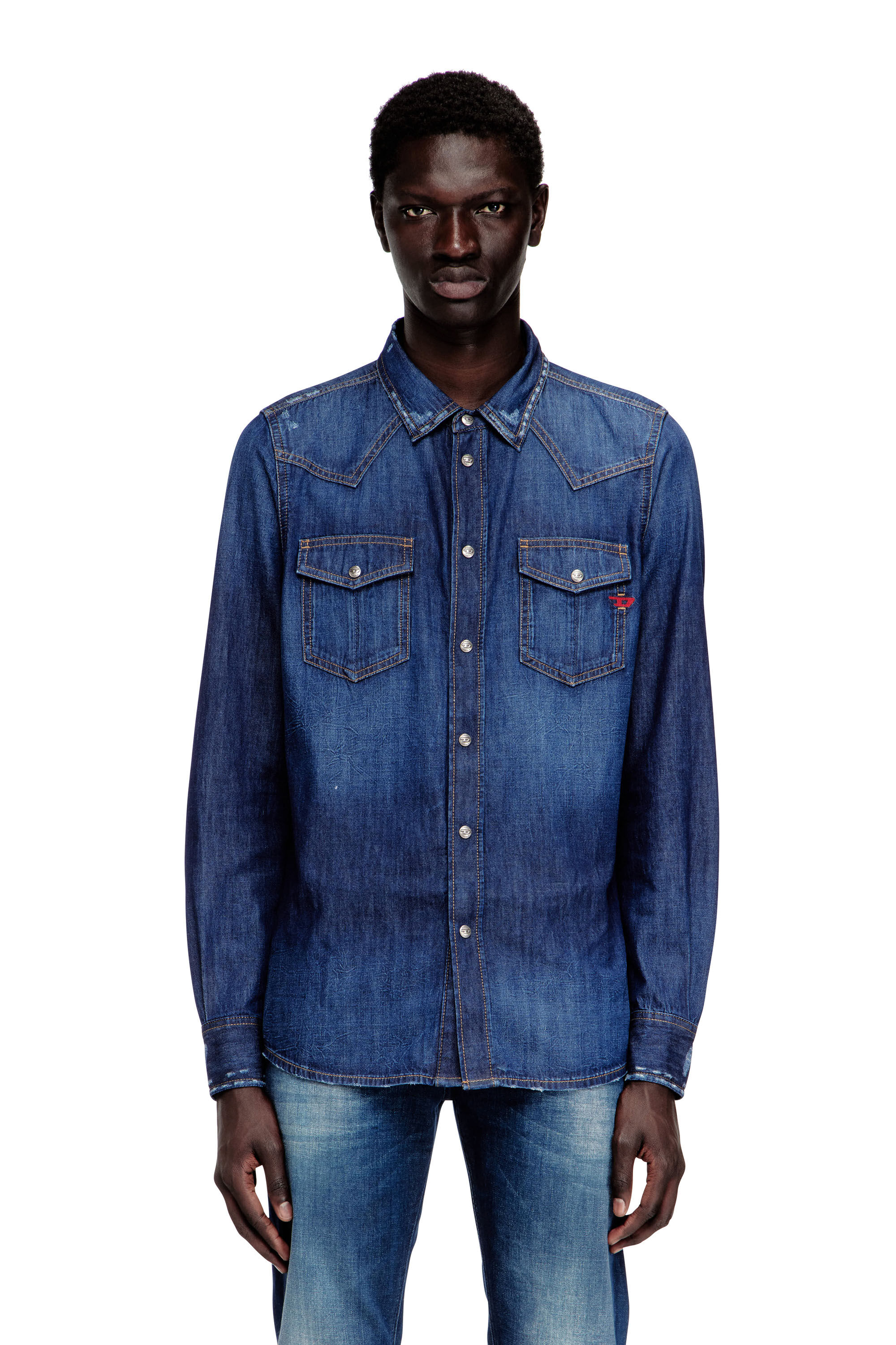 Diesel - D-VEGA, Man's Denim shirt with patch pockets in Blue - 3