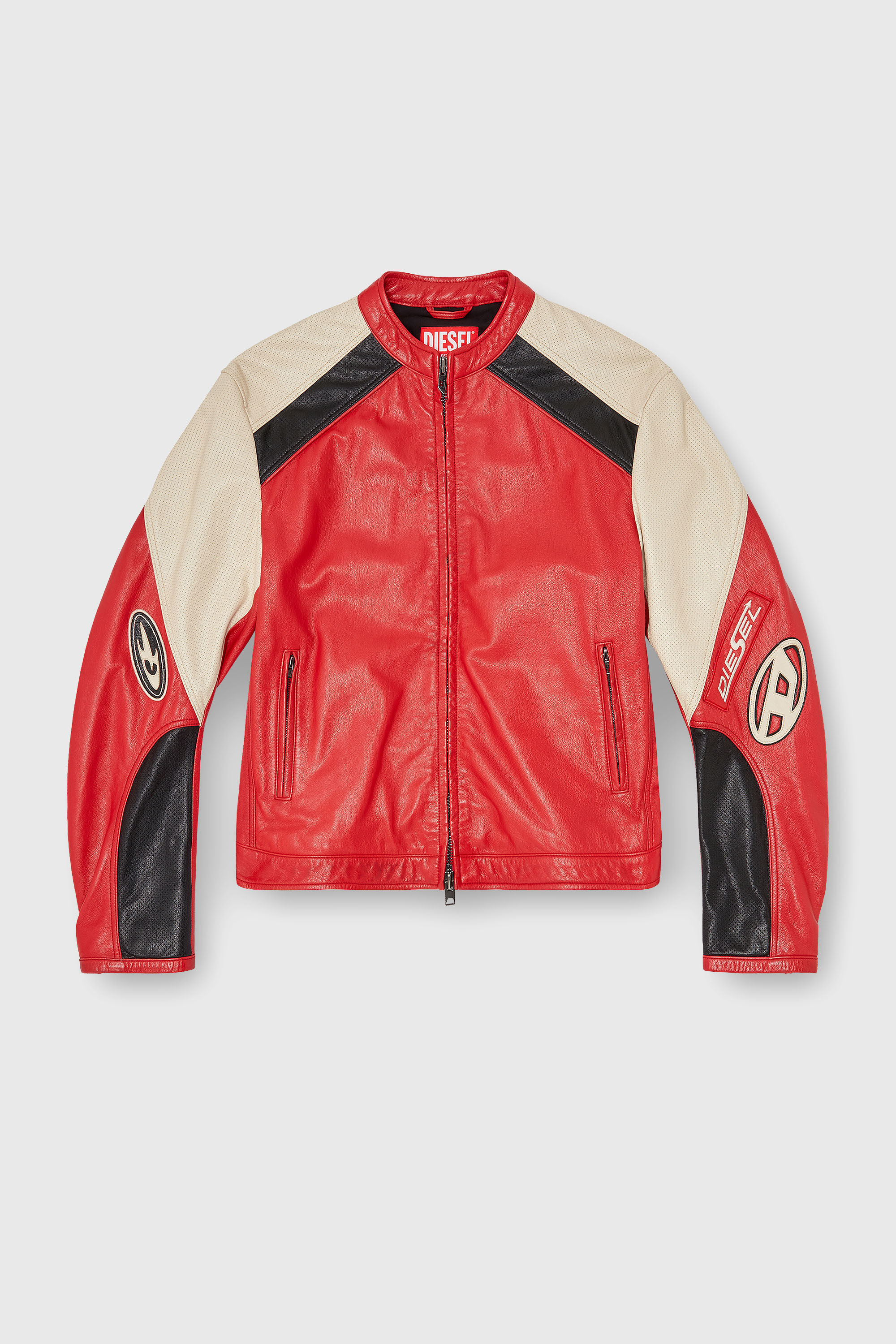 Diesel - L-AHTI, Man's Biker jacket in colour-block perforated leather in Beige/Red - 2