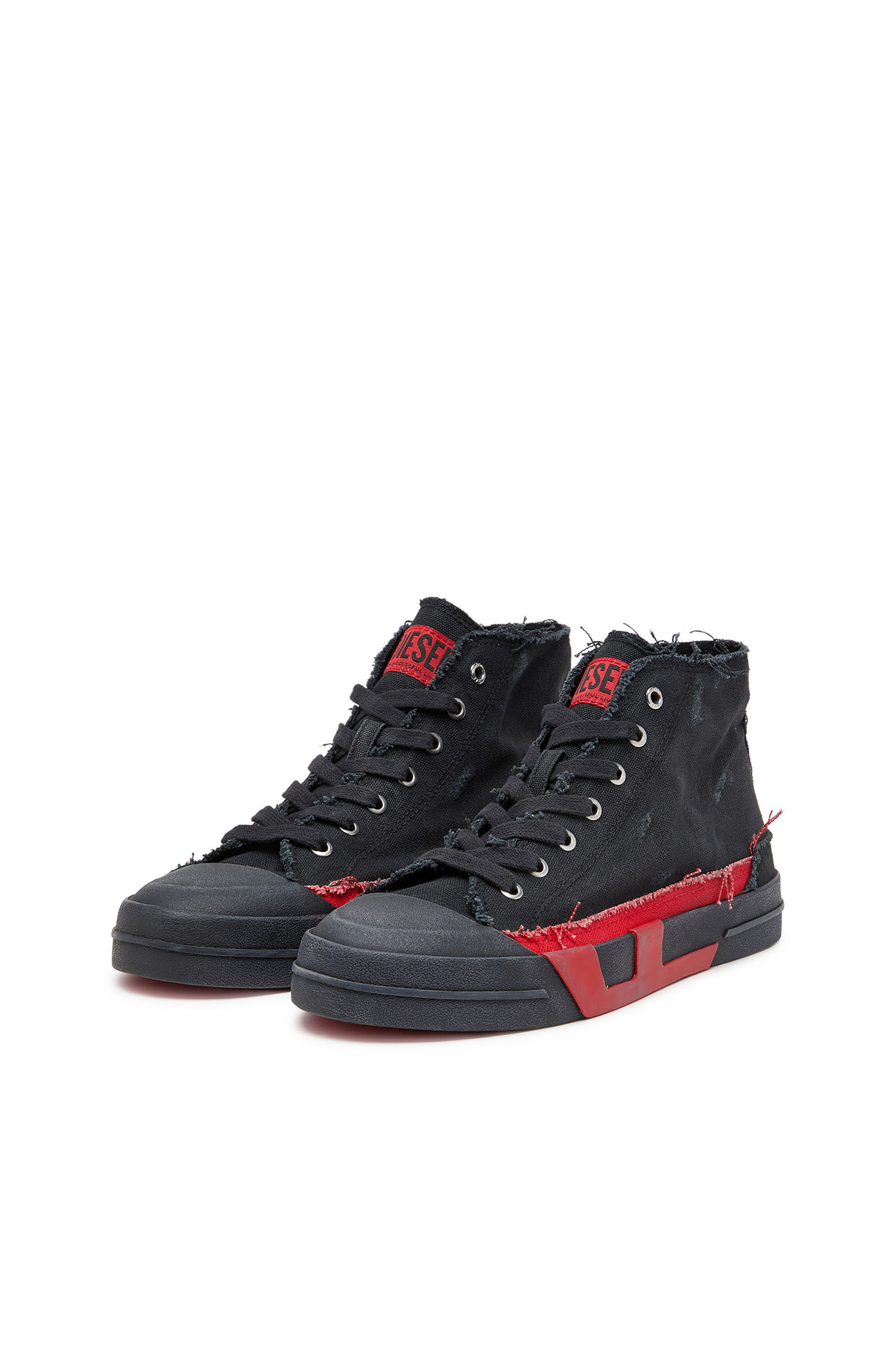 Diesel - S-D-VERSE MID II, Man's Distressed high-top sneakers in canvas in Black/Red - 9