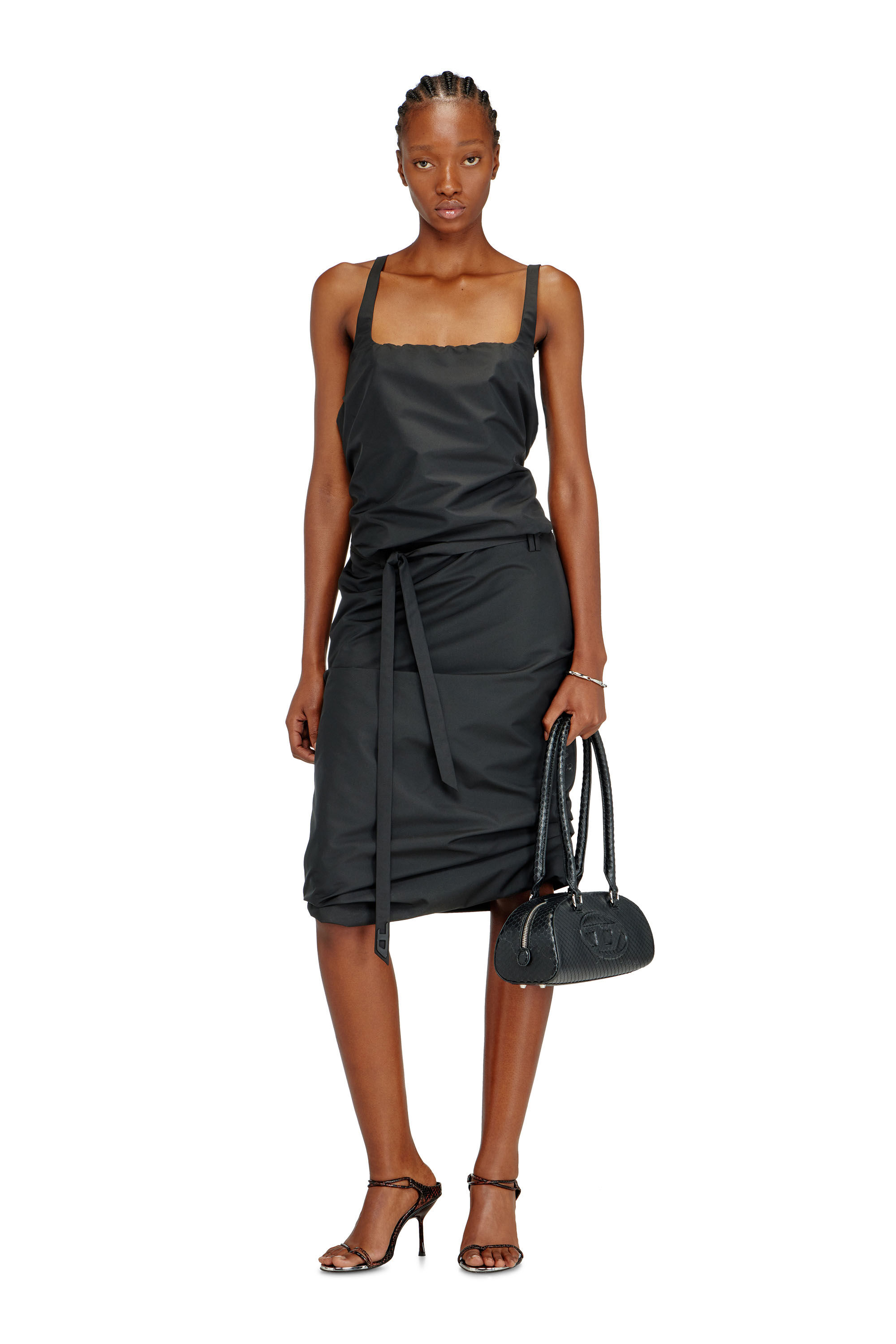 Diesel - D-SANAT, Woman's Open-back apron dress in taffeta in Black - 1