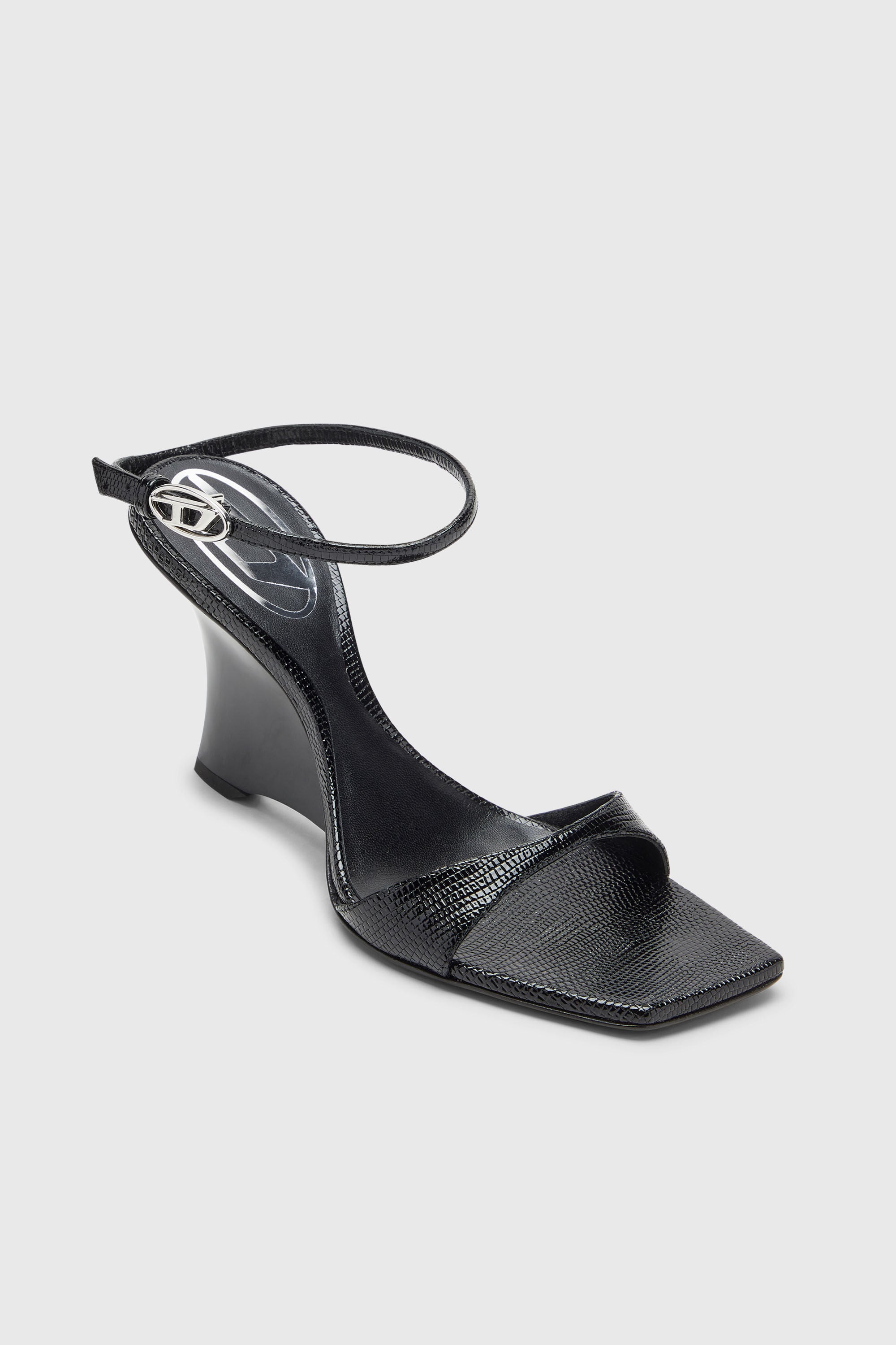 Diesel - D-AMBER SANDAL WEDGE, Woman's D-Amber-Wedge sandals in lizard-effect leather in Black - 4
