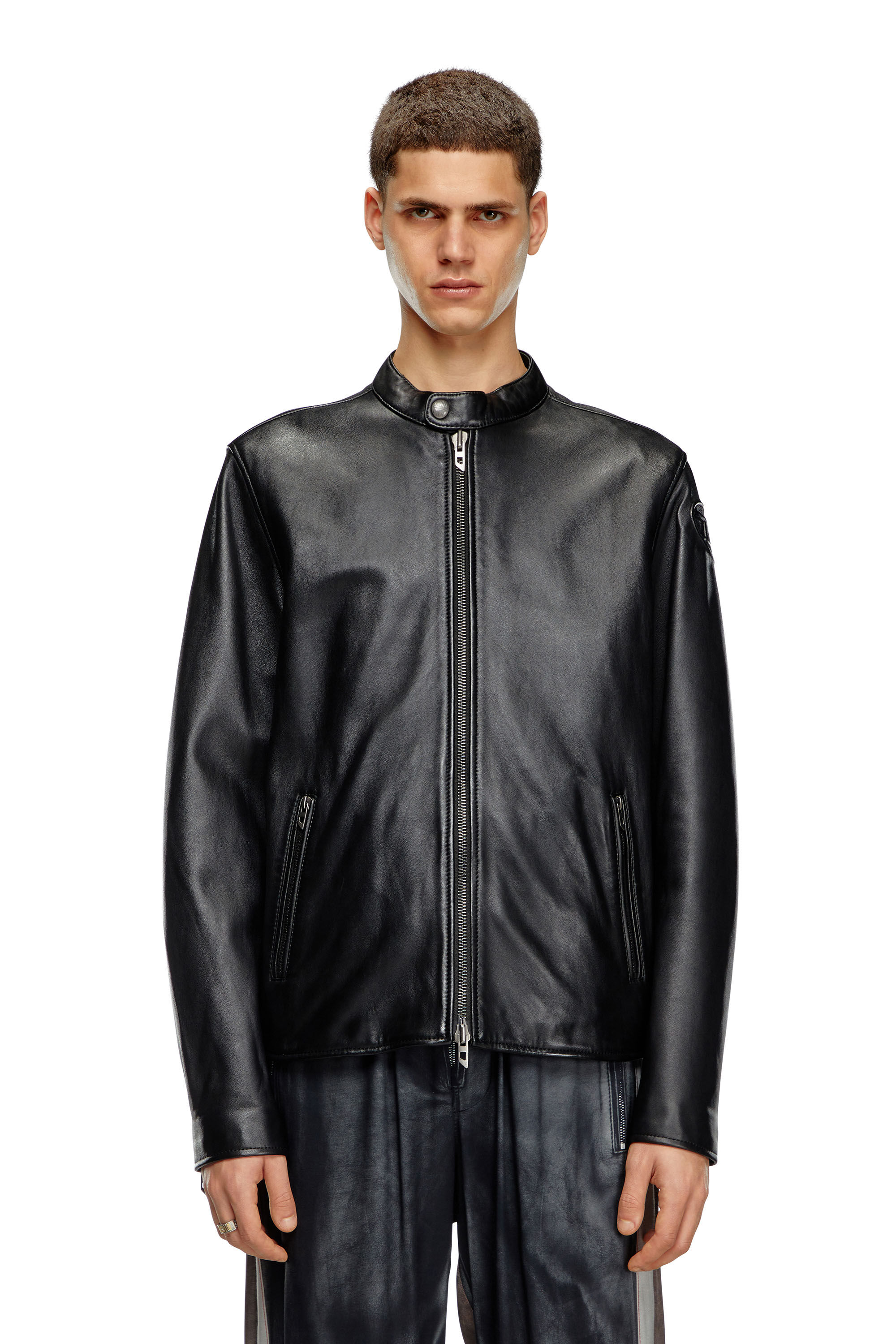 【マサヨシ】　DIESEL ブラックレザージャケット XXL DIESEL ディーゼル ライダース メンズ レザージャケット ジップ