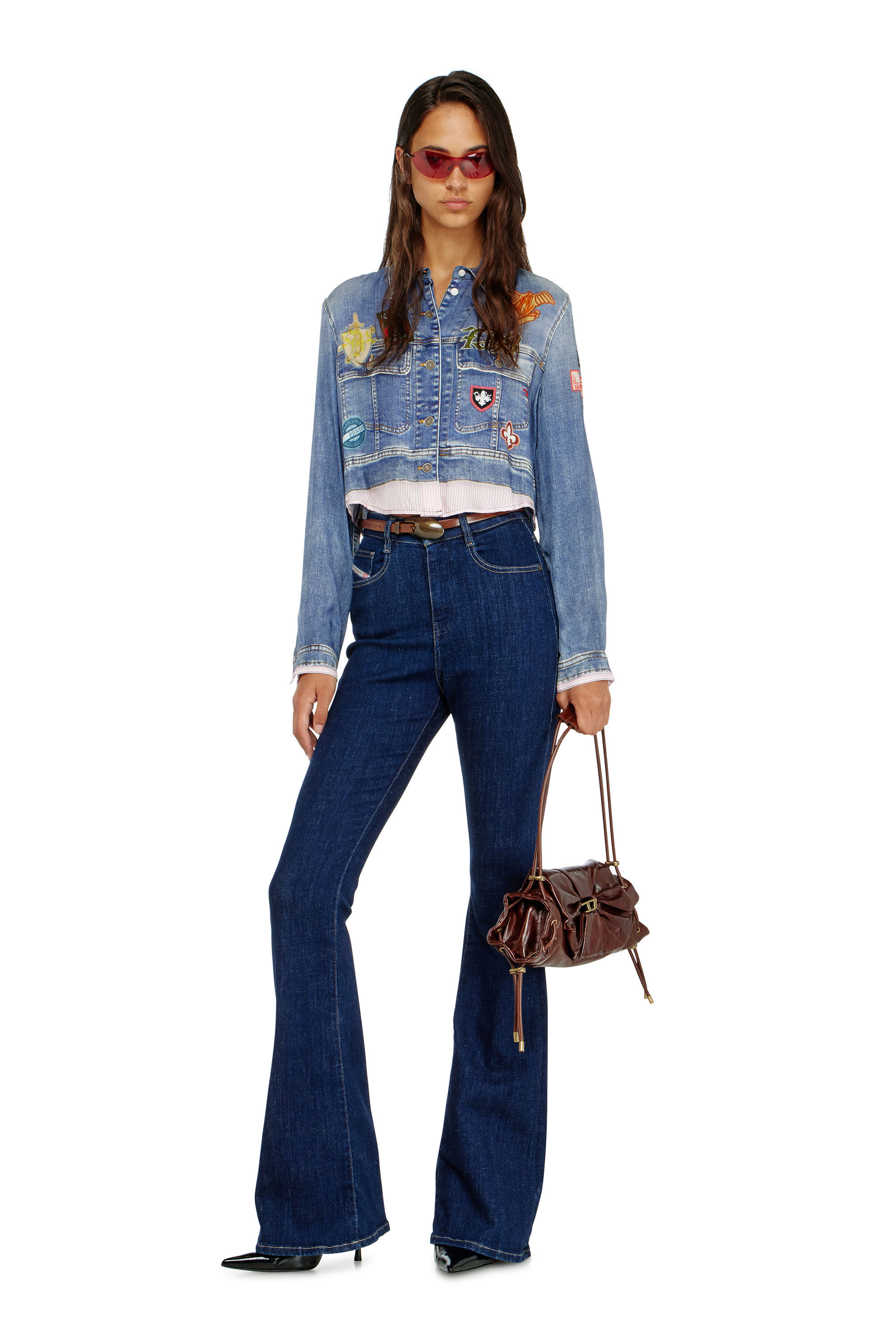 Diesel - C-LONE, Woman's Cropped satin shirt with trompe-l&rsquo;oeil denim print in null - 1