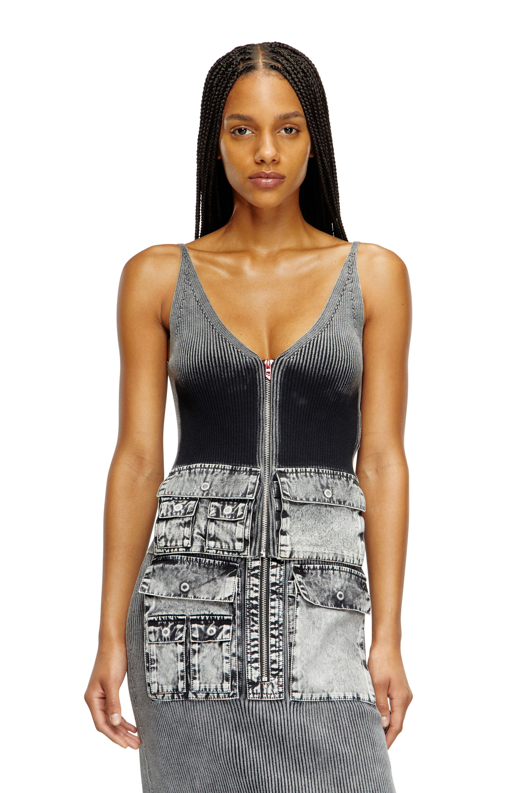 Women's Knit tank top with denim cargo pockets | Grey | Diesel