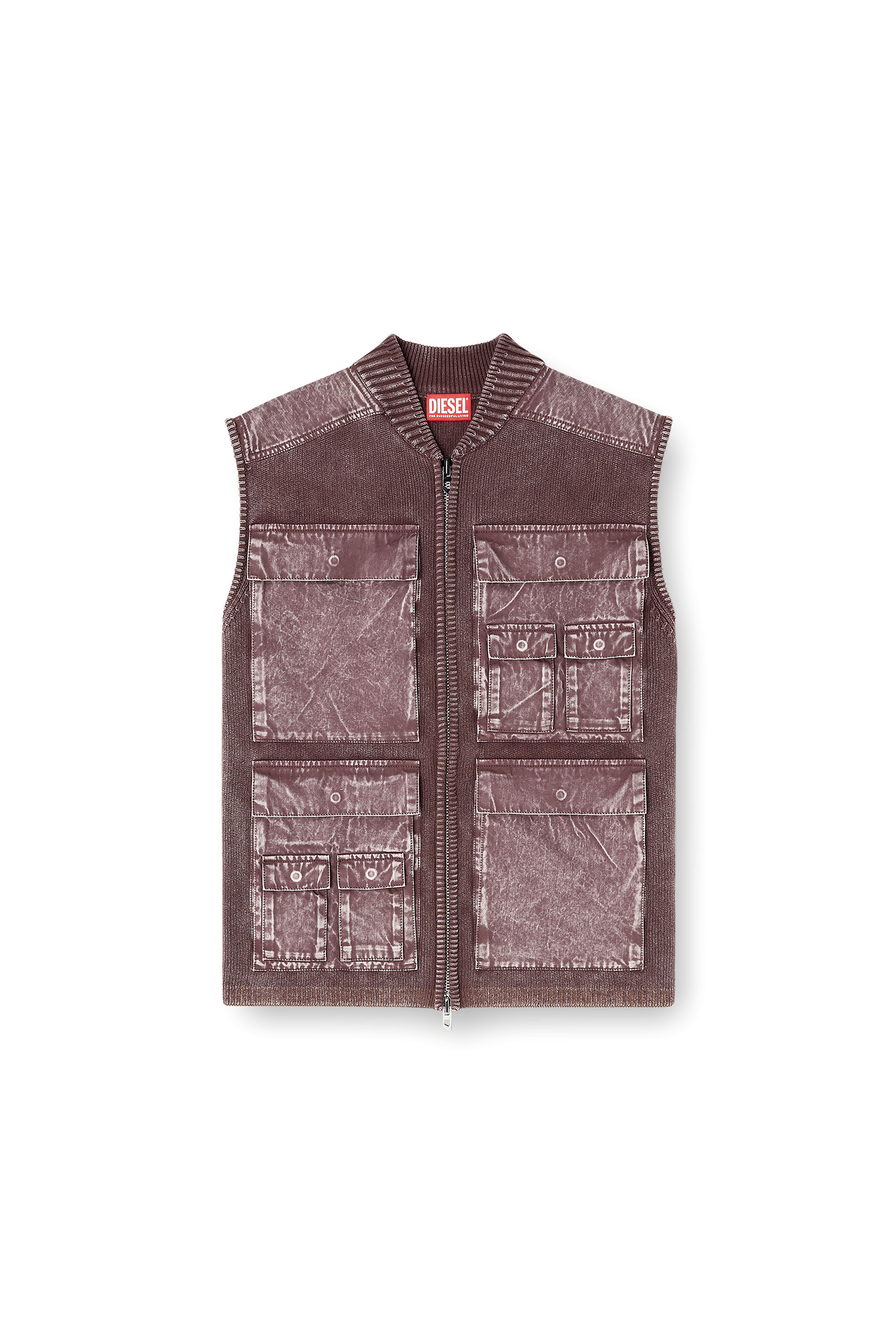 Diesel - K-GIULIUS, Man's Zip-up knitted vest with cargo pockets in Brown - 2