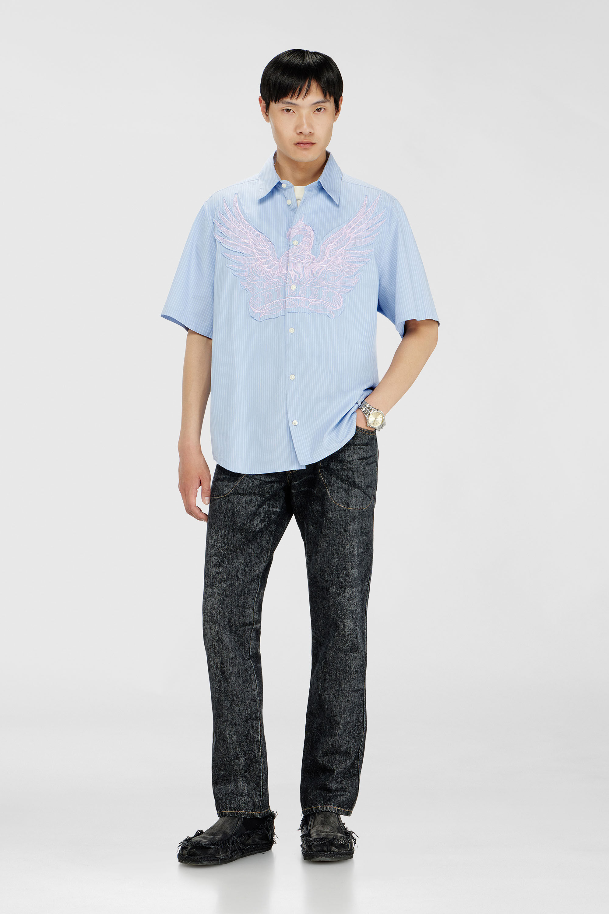 Diesel - S-SIMPLY-SS-AGCZ, Man's Striped poplin shirt with embroidered patch in Light Blue - 1