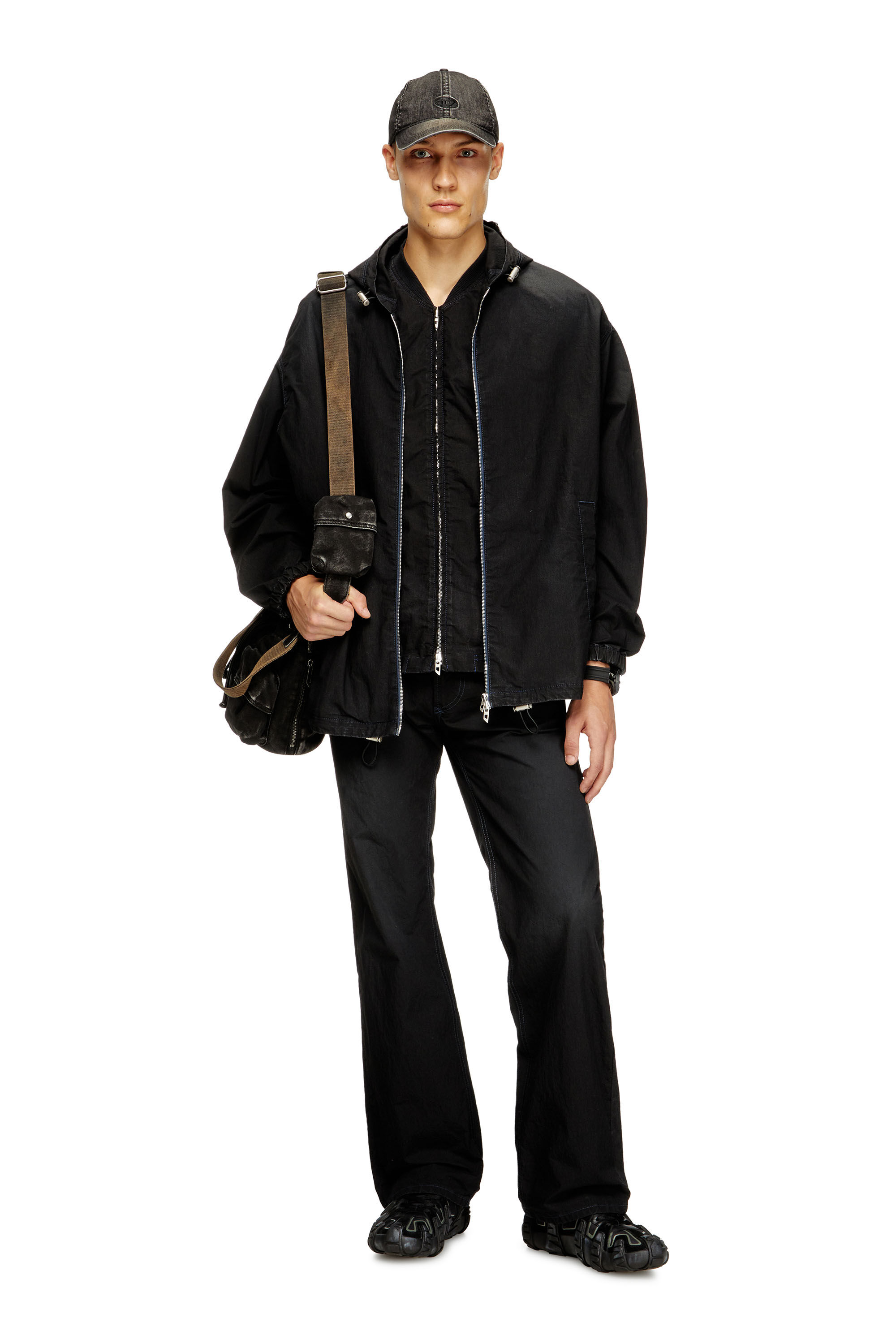 Diesel - D-WYNNY JOGG, Man's Hooded technical JoggJeans jacket in Black/Dark grey - 1
