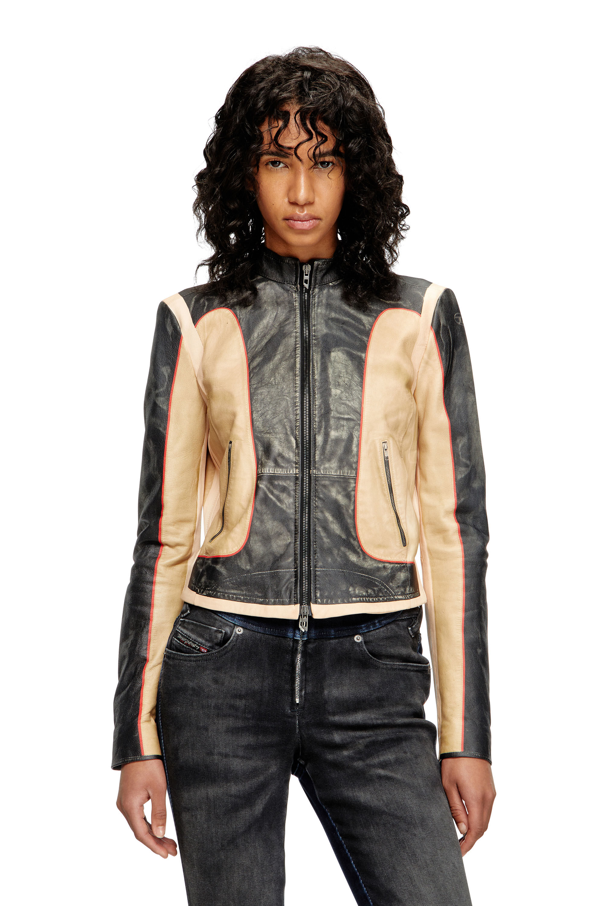 Diesel - L-OONIE, Woman's Trompe l'oeil-effect leather biker jacket in null - 3