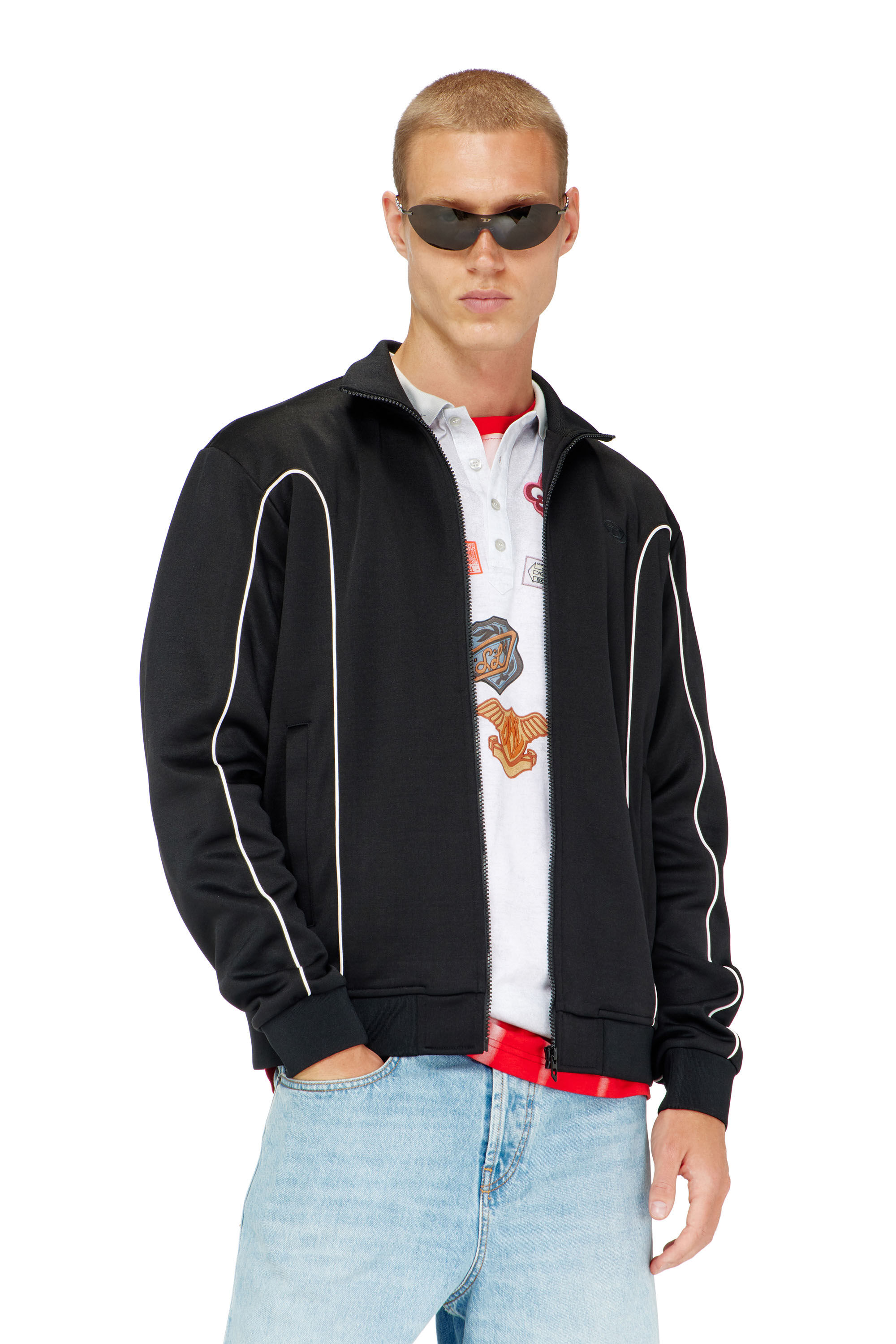 Diesel - S-LOCKING-DO, Man's Sweat fabric track jacket with contrast piping in Black - 3