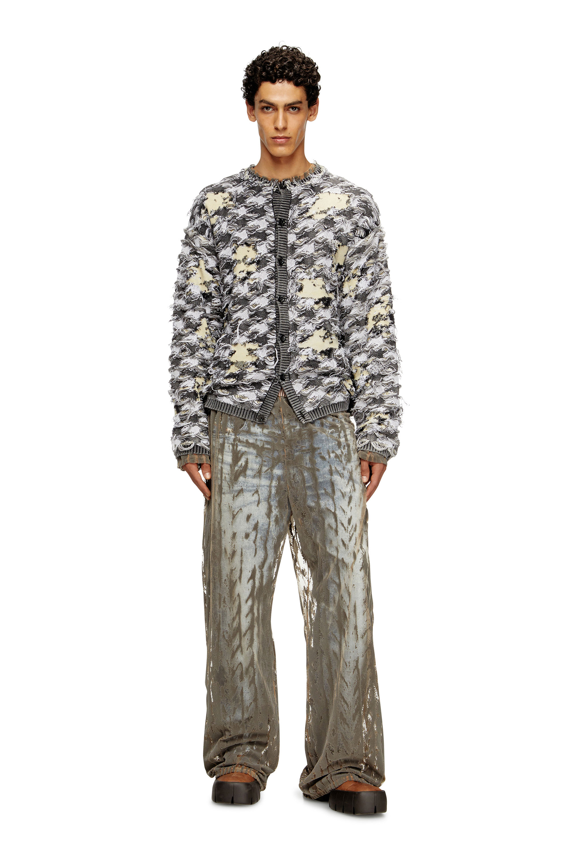 Diesel - K-VALBOR, Man's Cardigan in devoré houndstooth jacquard in Beige/Grey - 1