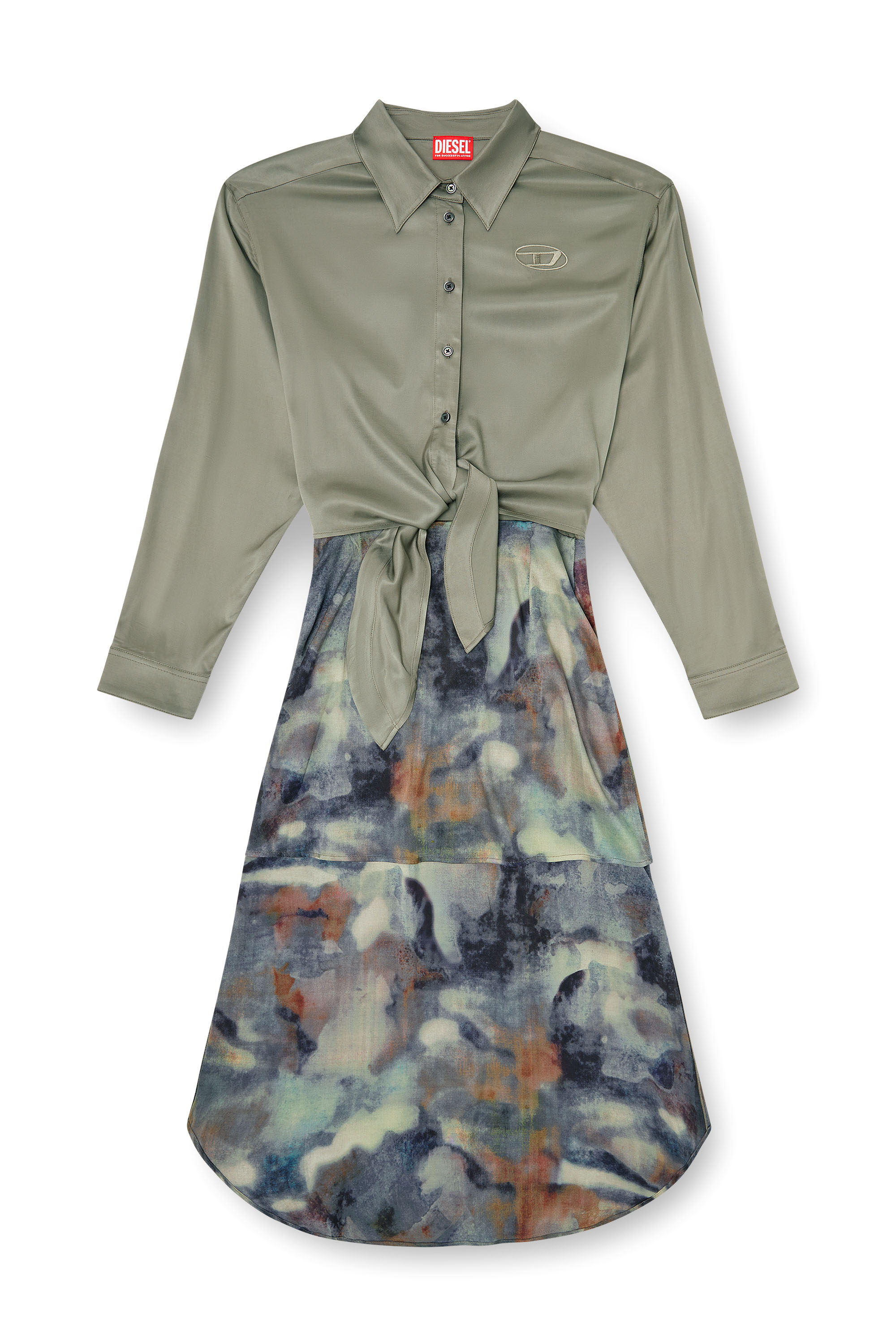 Diesel - D-ELTA, Woman's Satin midi dress with knotted top in Blue/Green - 1