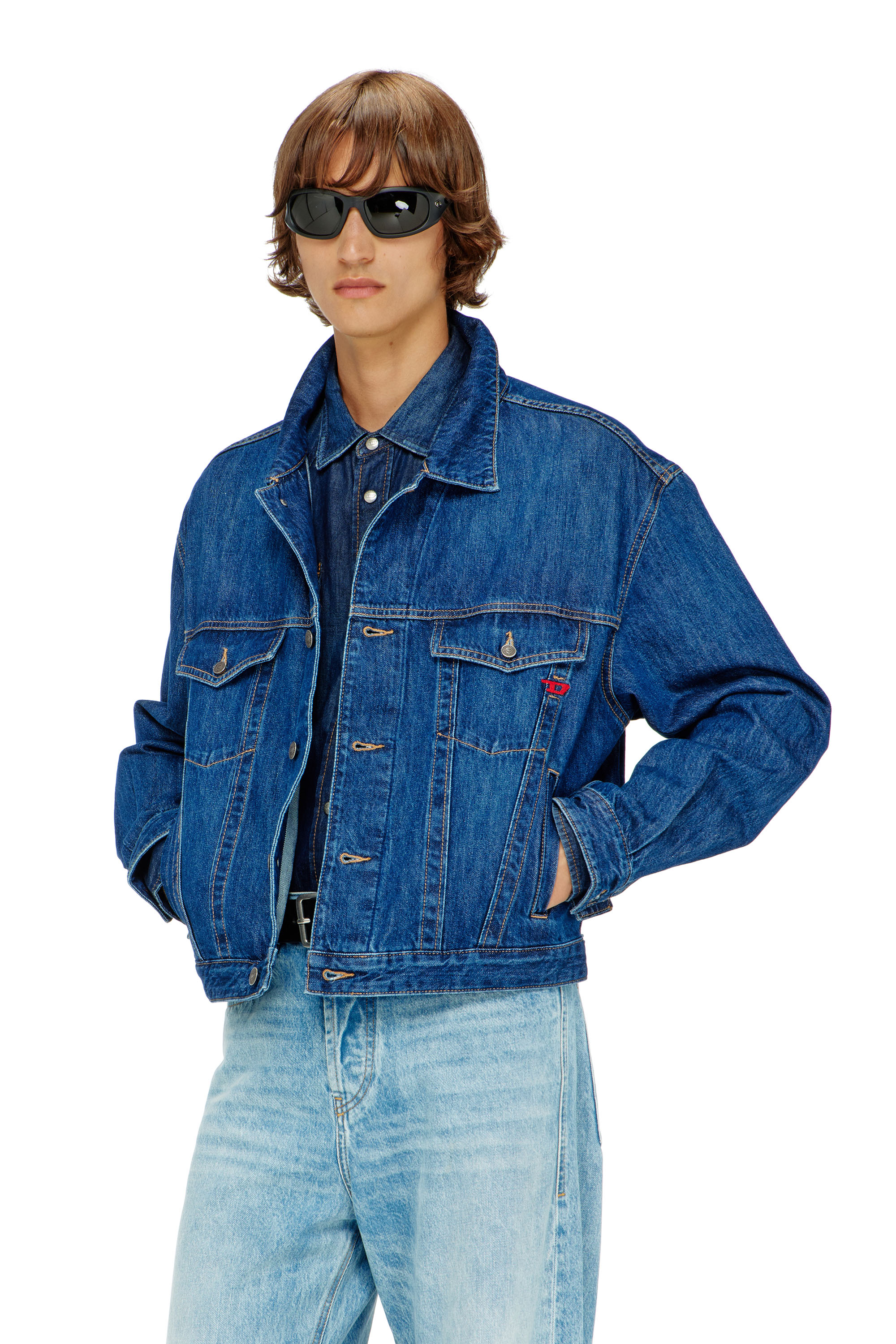 Diesel - D-RANGER, Man's Trucker jacket in denim in Medium blue - 1
