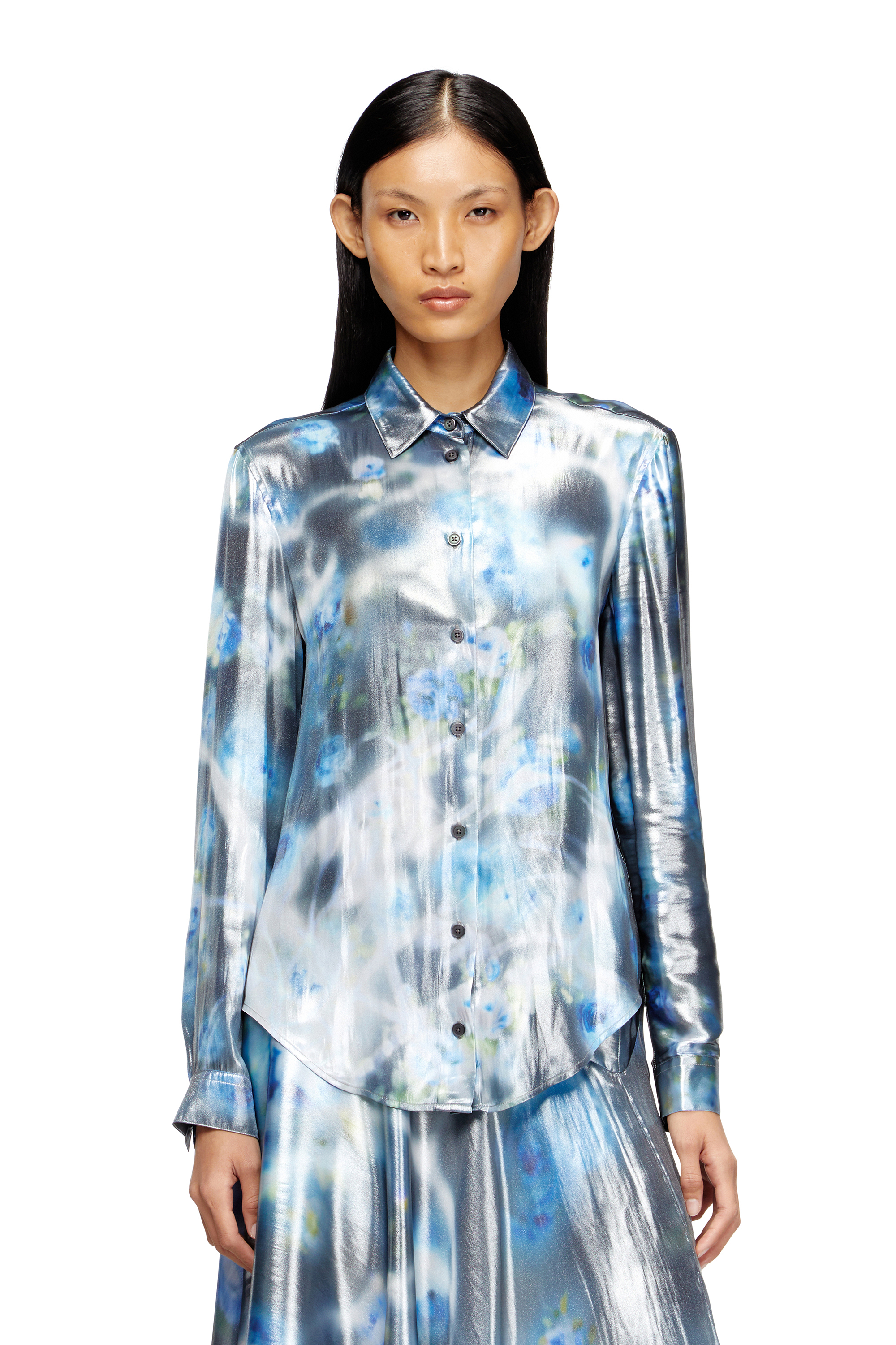 Diesel - C-RONOR-S2, Woman's Metallic shirt with blurred roses print in Blue - 3