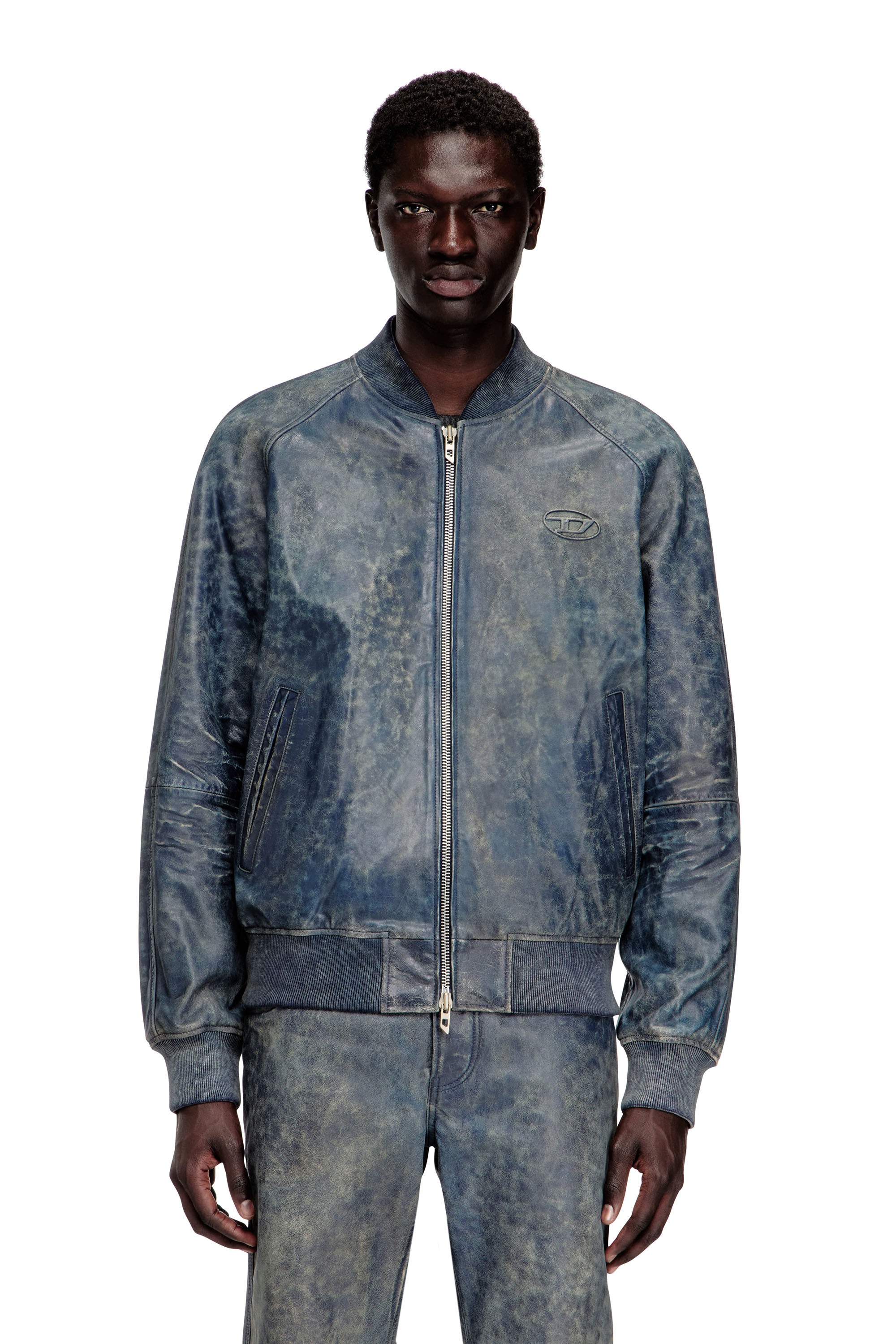 Diesel - L-COBB, Man's Bomber jacket in treated leather in Blue - 3