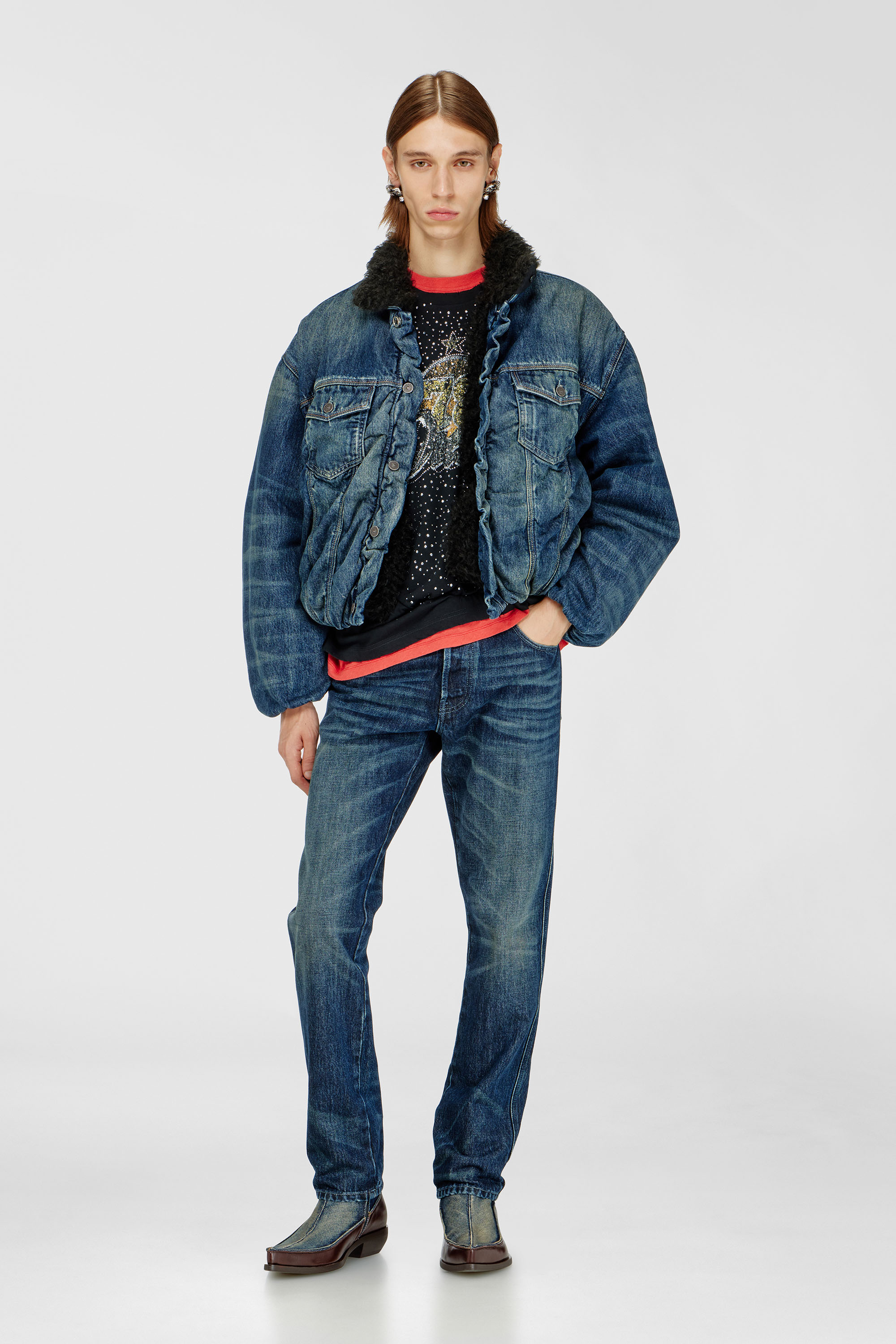 Diesel - D-CURLY-FSJ1, Unisex's Teddy-lined trucker jacket in denim in Medium blue - 2