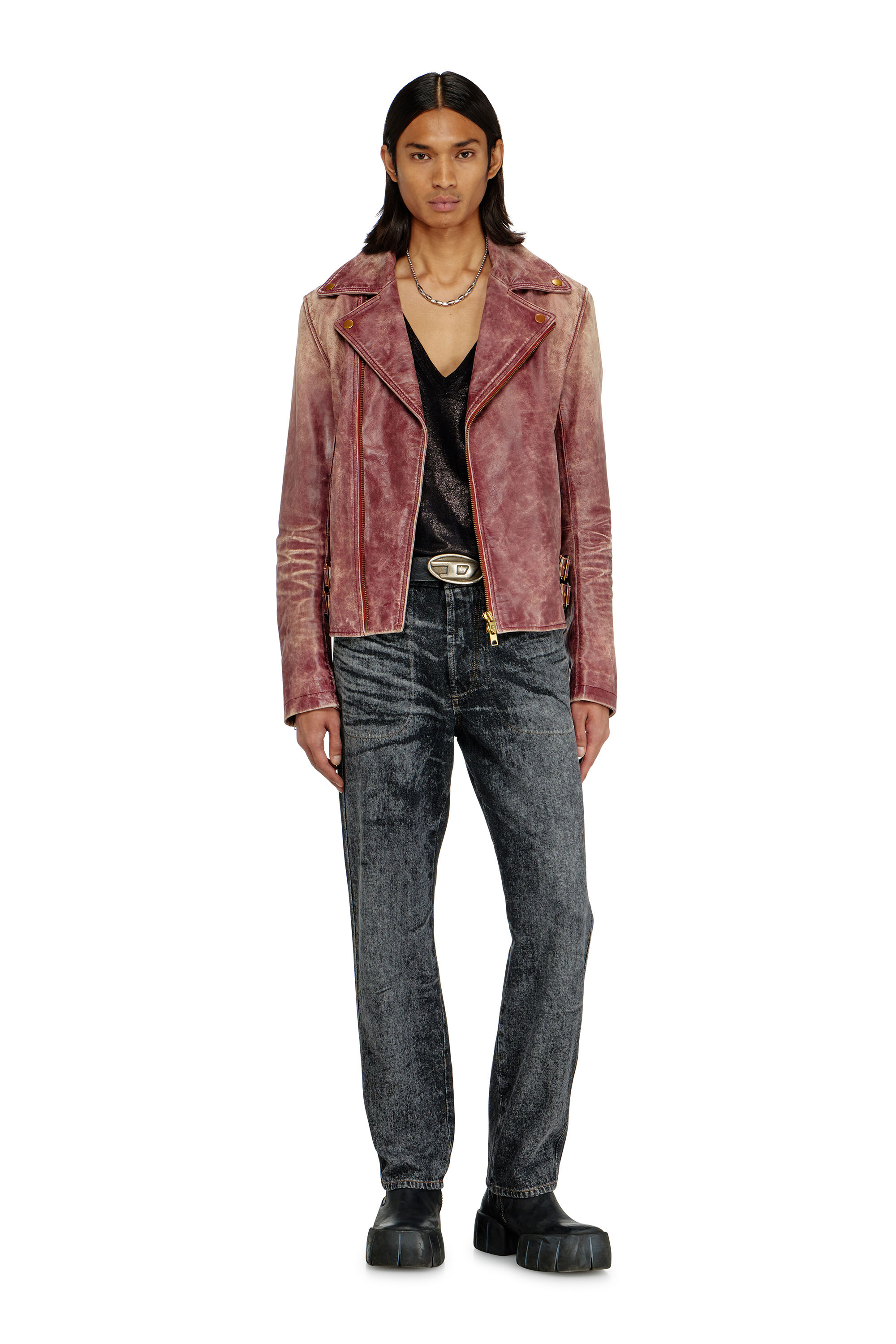 Diesel - L-EON-CJCM, Man's Biker jacket in treated leather in Brown - 1