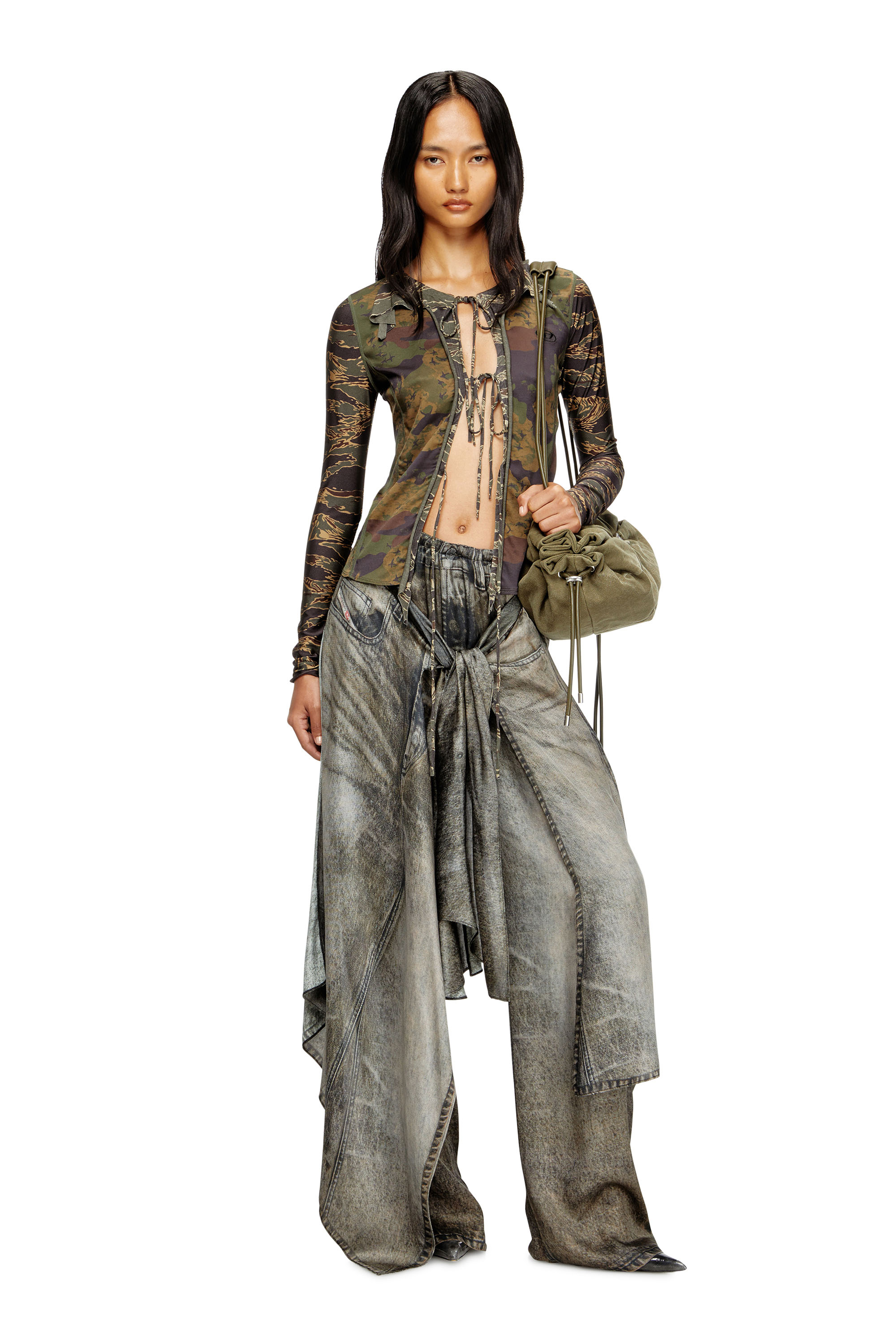 Diesel - T-AFRY, Woman's Tie cardigan with mixed camo prints in Military Green - 2