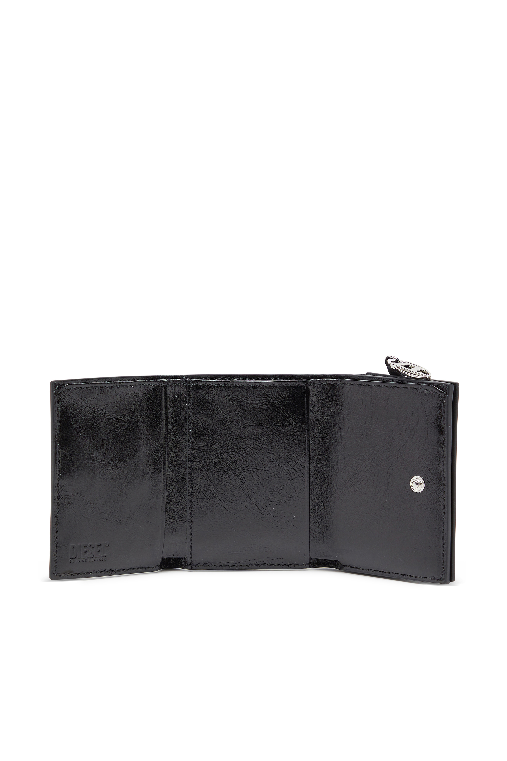 Diesel - OVAL-D TRI FOLD ZIP COIN XS II, Woman's Leather tri-fold wallet with embossed motif in Black - 3