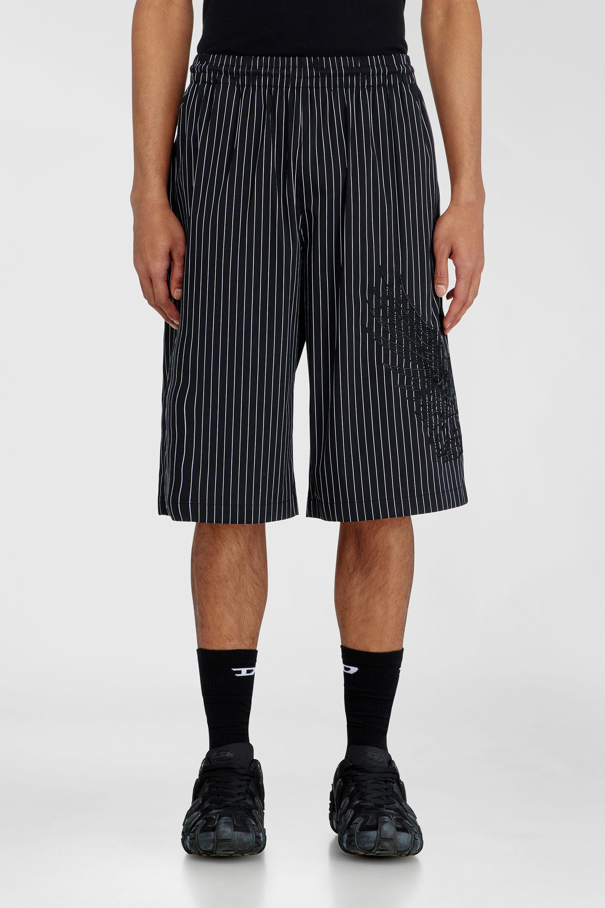 Diesel - P-THEO-SHORT-NJCA, Man's Pinstripe shorts with Phoenix embroidery in Black - 3