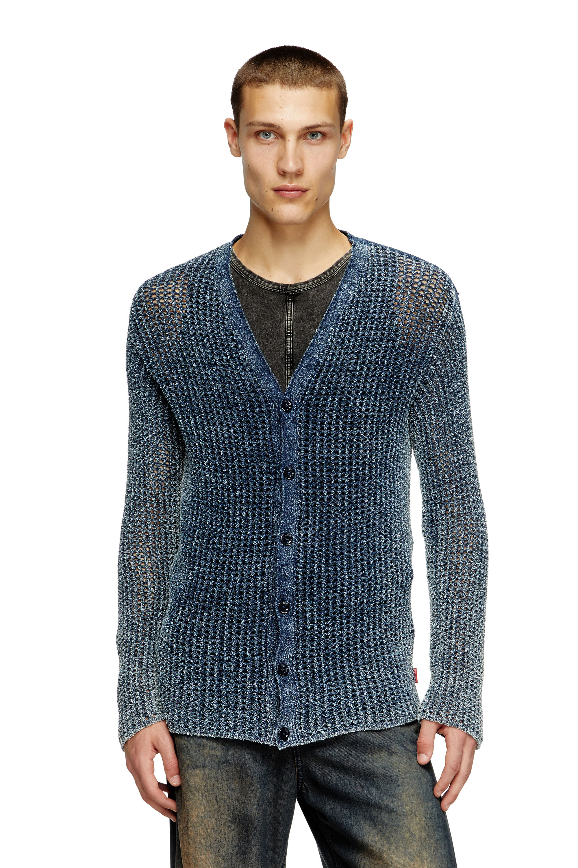 Diesel - K-REDRAM, Man's Mesh-knit cardigan in denim yarn in Blue - 3