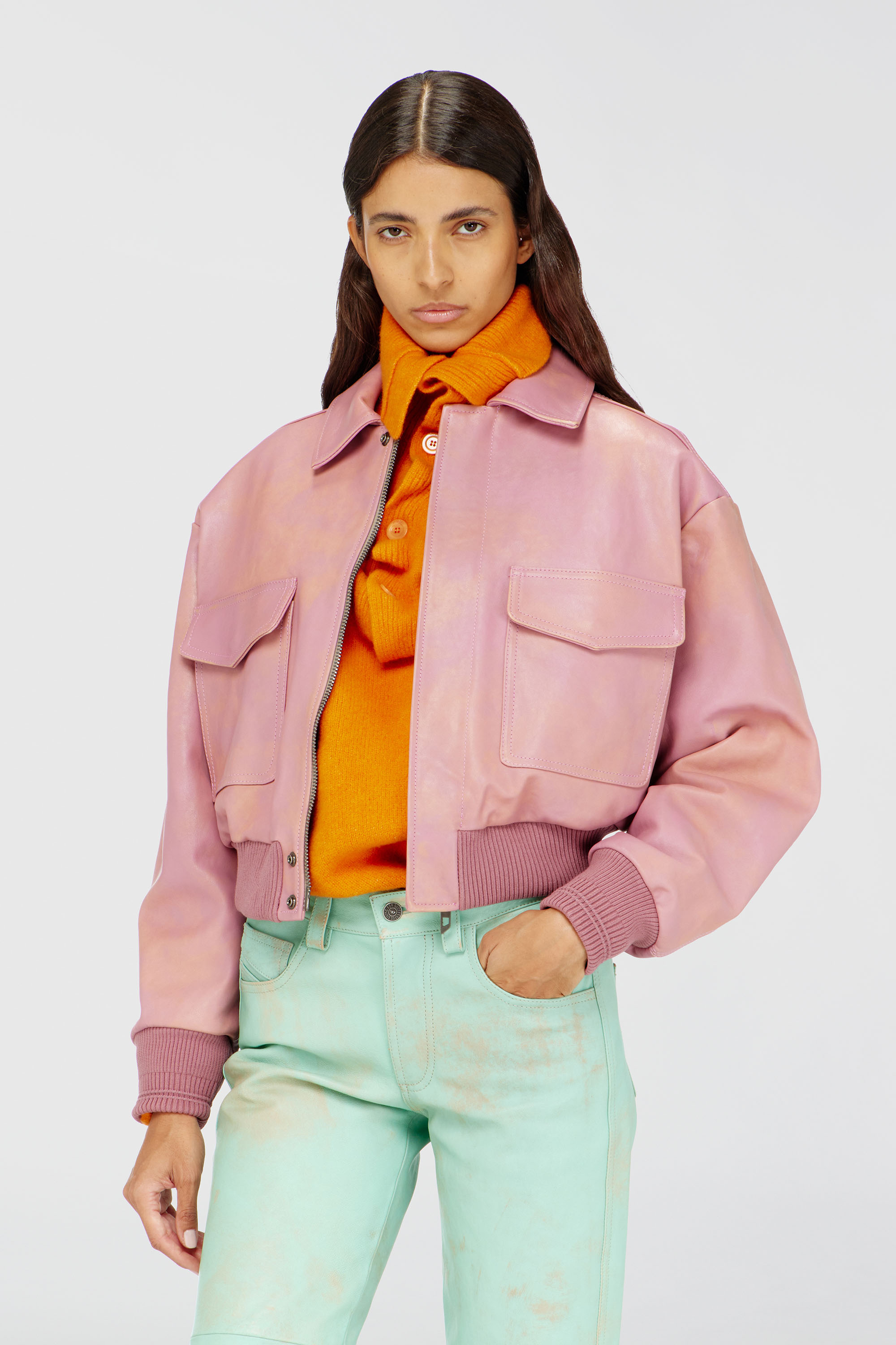 Diesel - L-AVIA, Woman's Aviator jacket in treated leather in Pink - 2