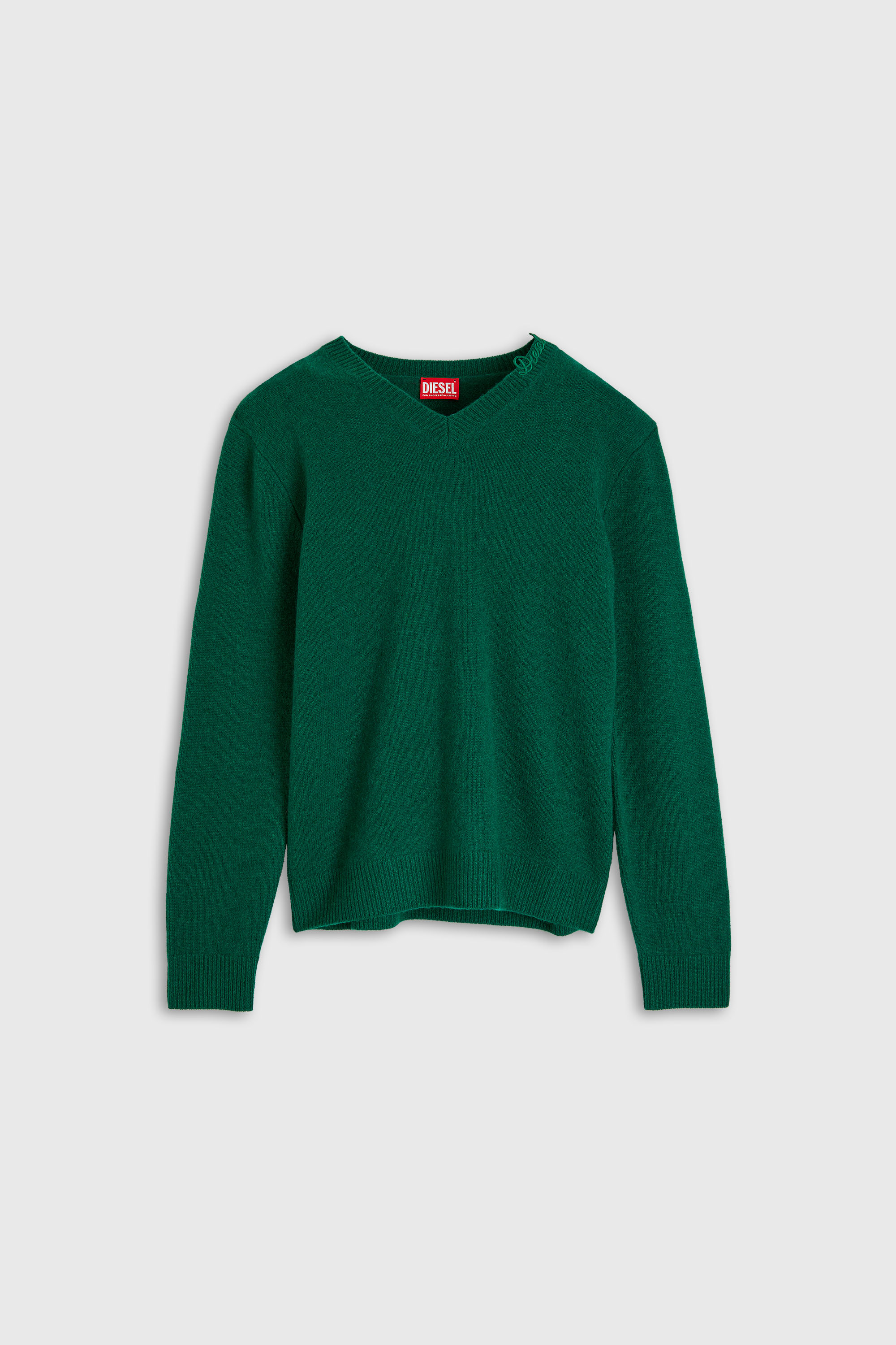 Diesel - K-IMER, Man's Wool V-neck jumper with neck logo in Green - 1